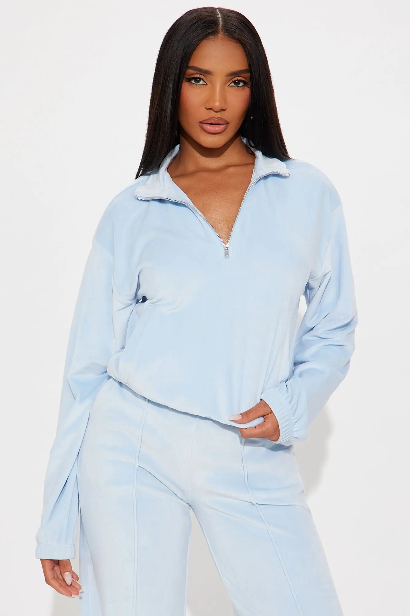Pause For Now Quarter Zip Velour Pant Set - Light Blue 