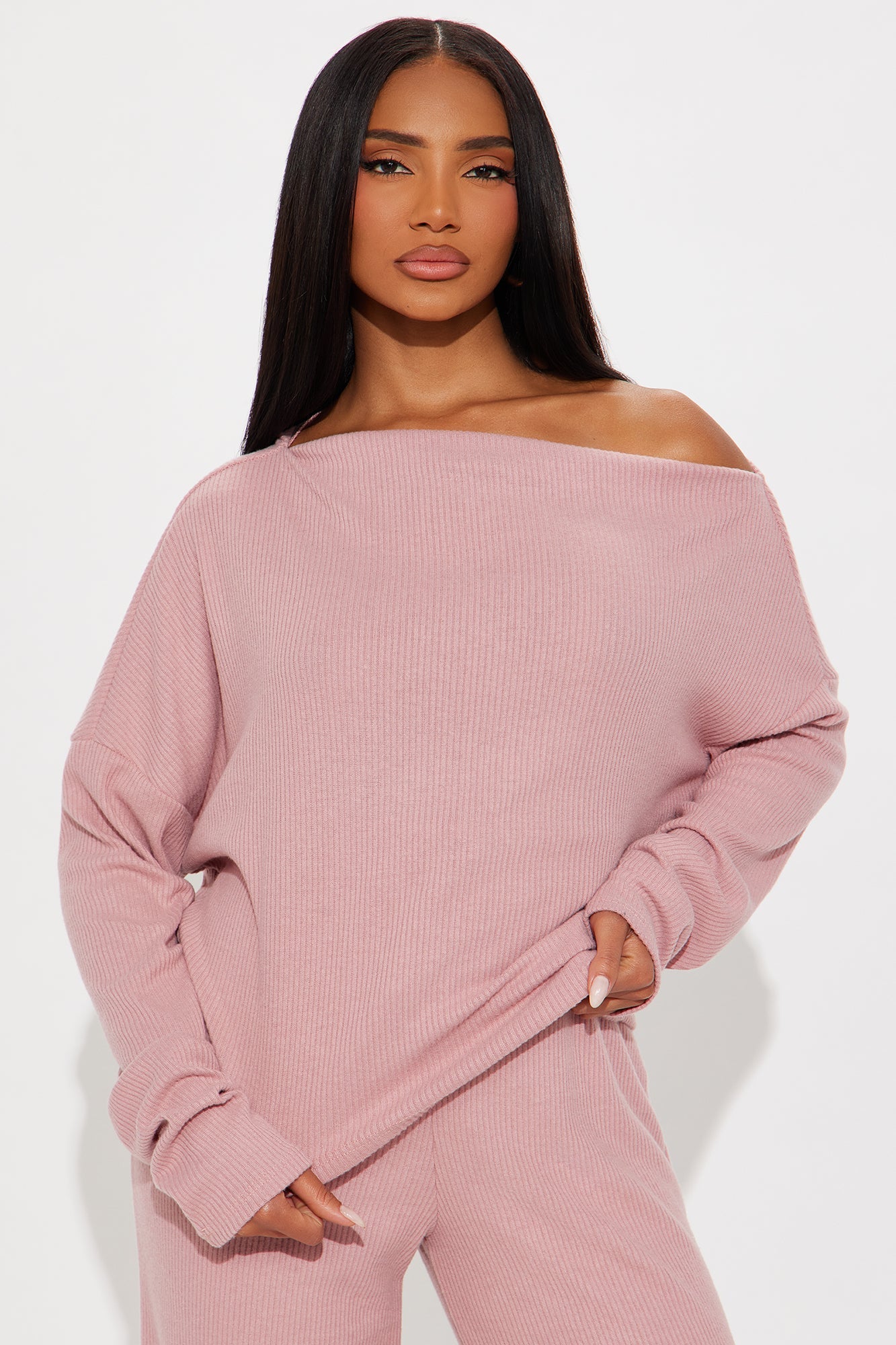 Fall Vibes Cozy Off Shoulder Pant Set - Mauve