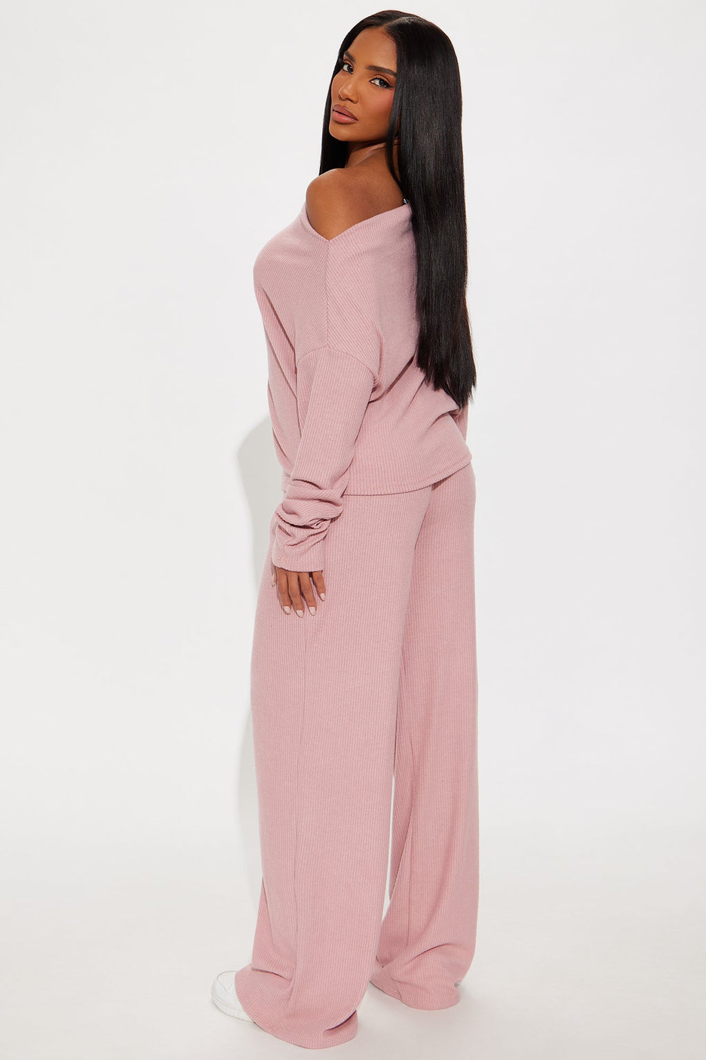 Fall Vibes Cozy Off Shoulder Pant Set - Mauve