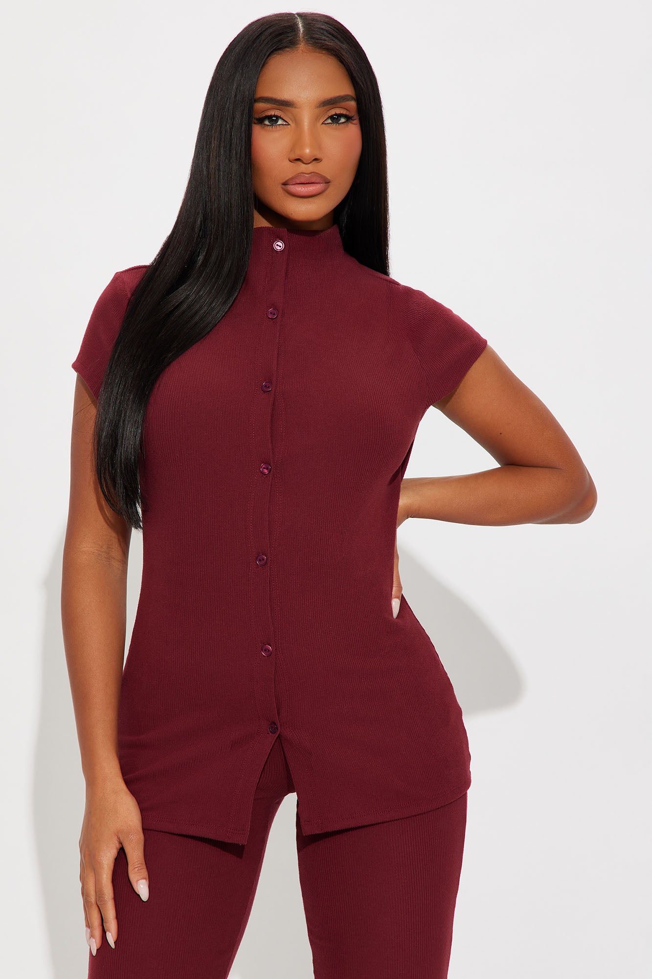 Chloe High Neck Ribbed Flare Pant Set - Wine