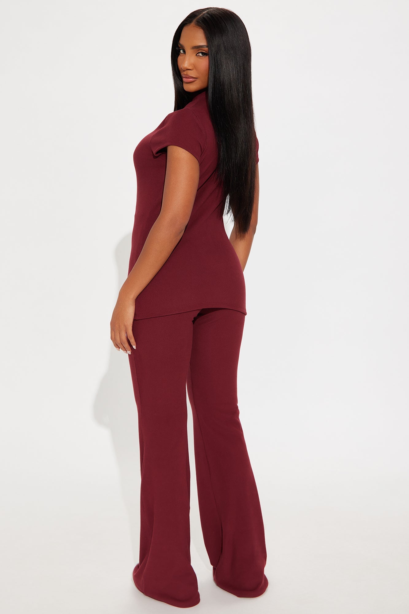 Chloe High Neck Ribbed Flare Pant Set - Wine