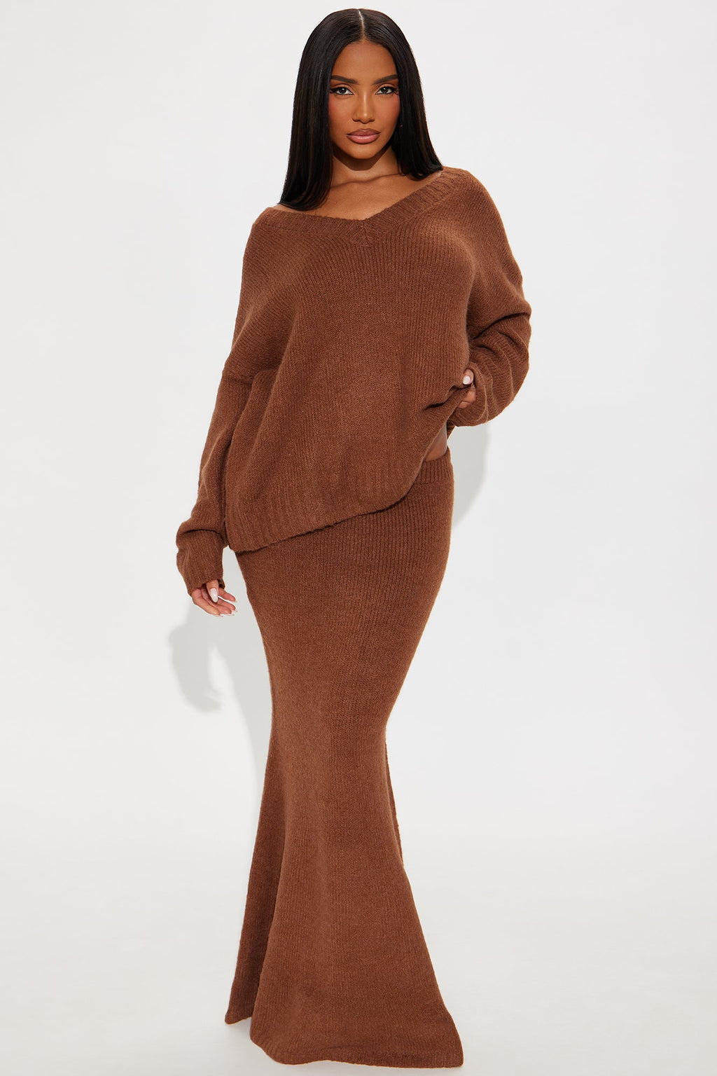 Moment Of Clarity Oversized Sweater Maxi Skirt Set - Brown 