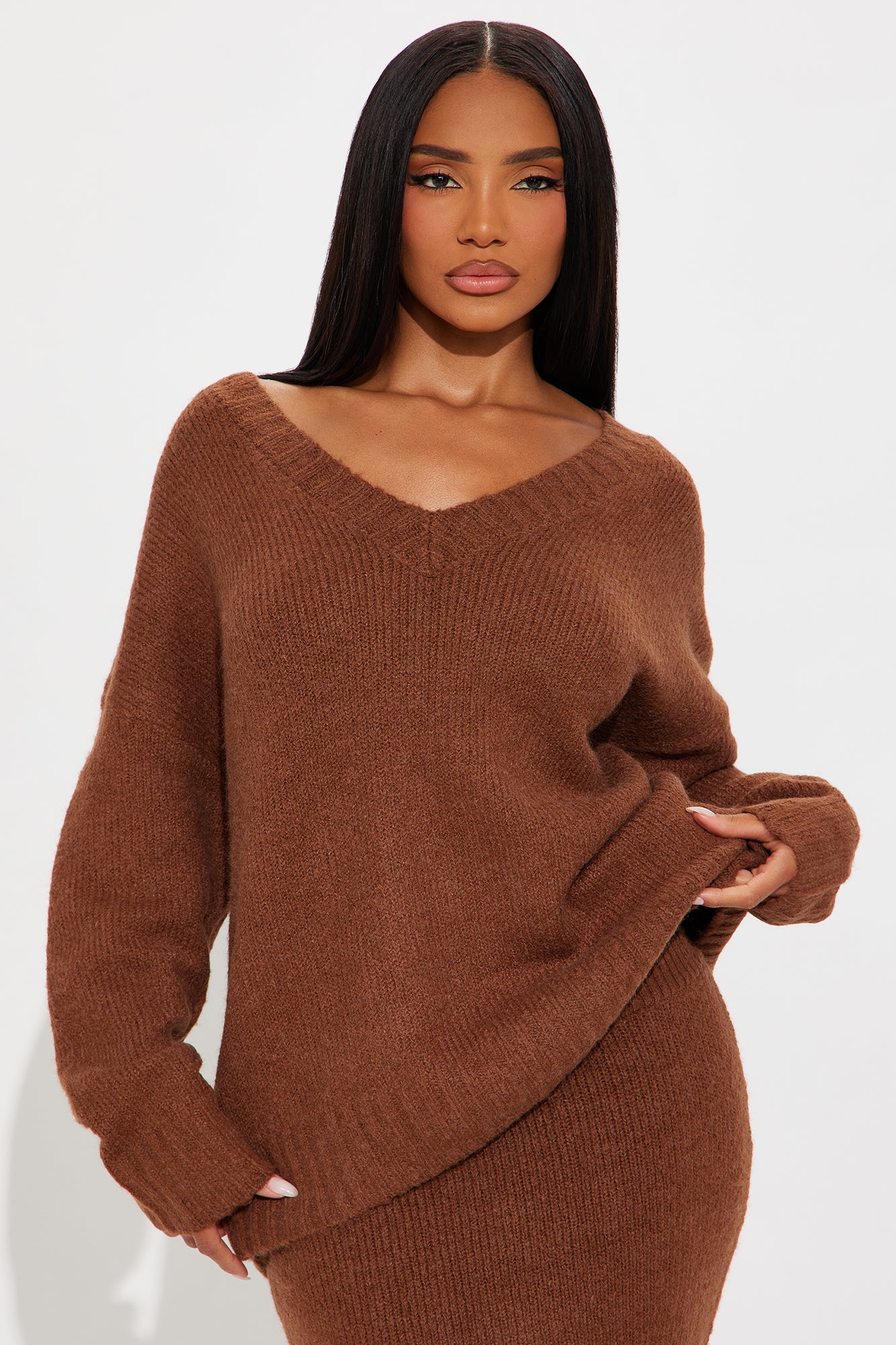 Moment Of Clarity Oversized Sweater Maxi Skirt Set - Brown 