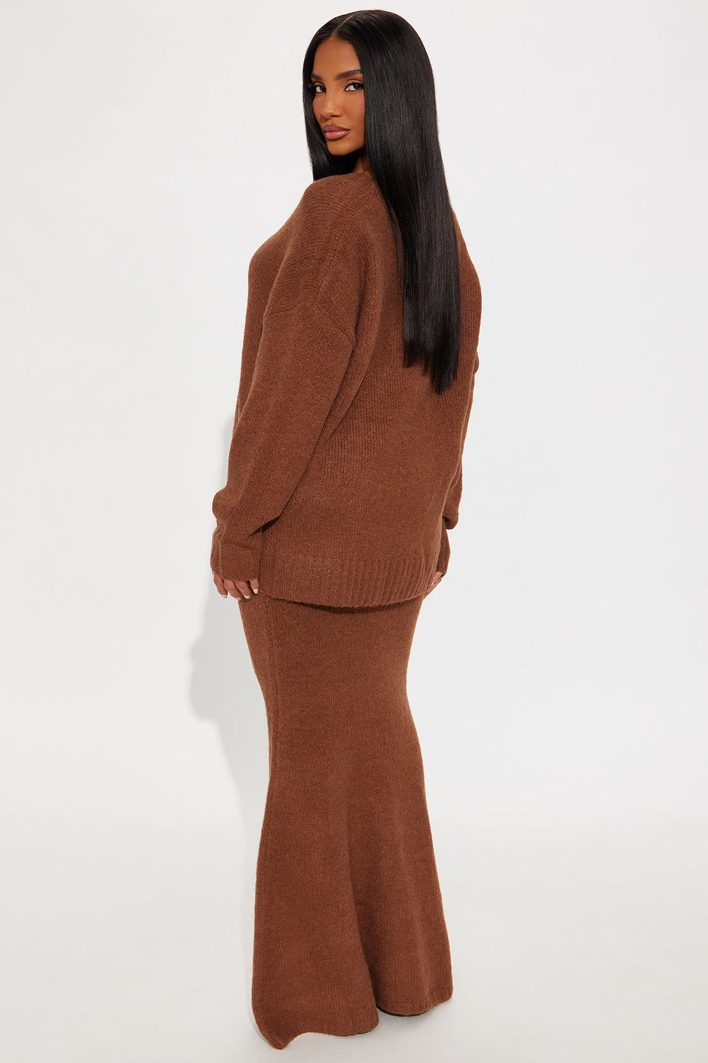 Moment Of Clarity Oversized Sweater Maxi Skirt Set - Brown 