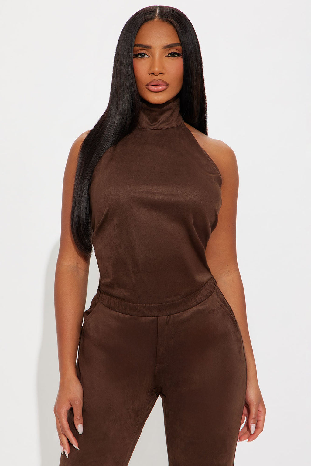 Hailey Halter Faux Suede Pant Set - Chocolate 