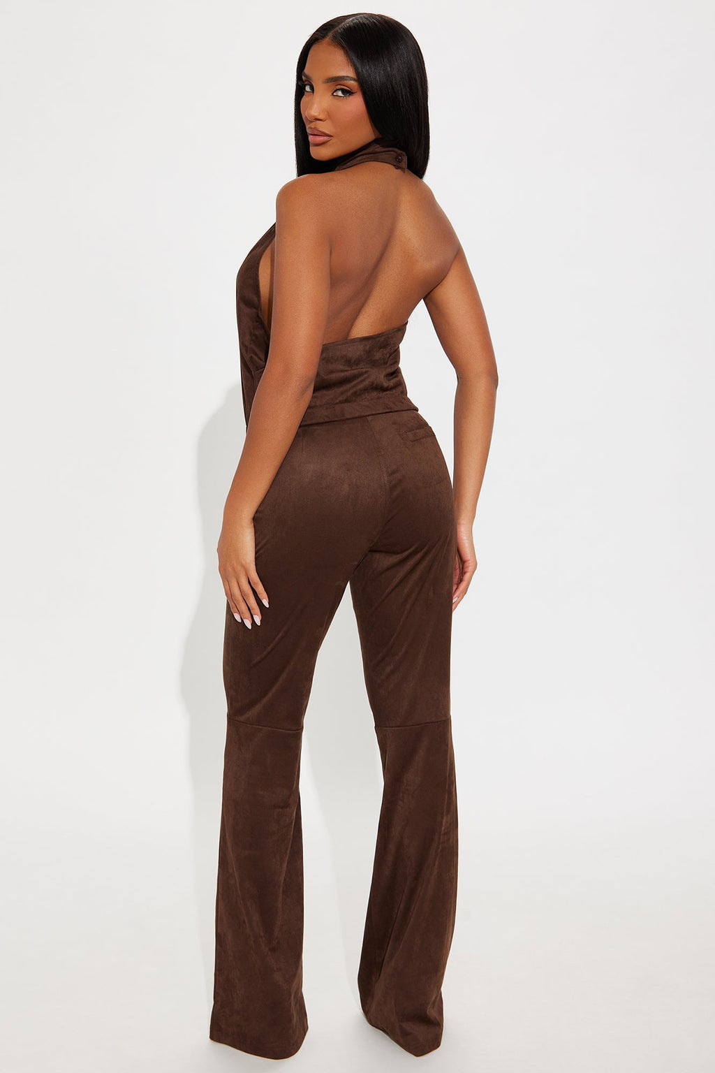 Hailey Halter Faux Suede Pant Set - Chocolate 