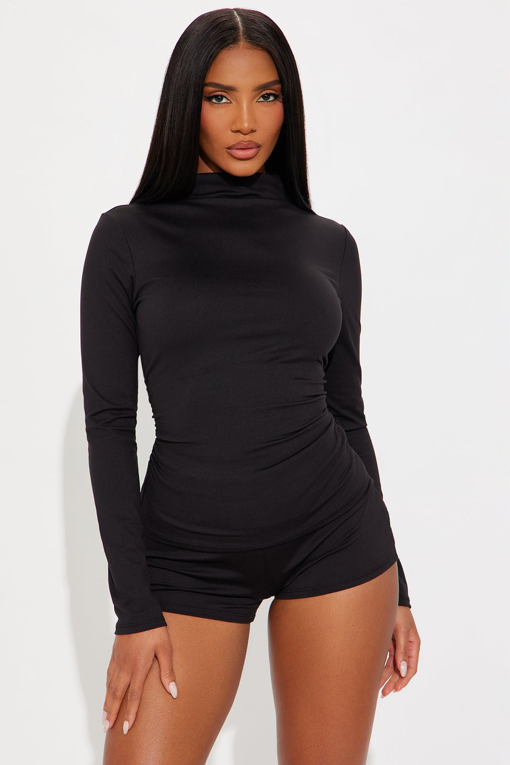 Tatiana Mock Neck Long Sleeve Micro Short Set - Black 