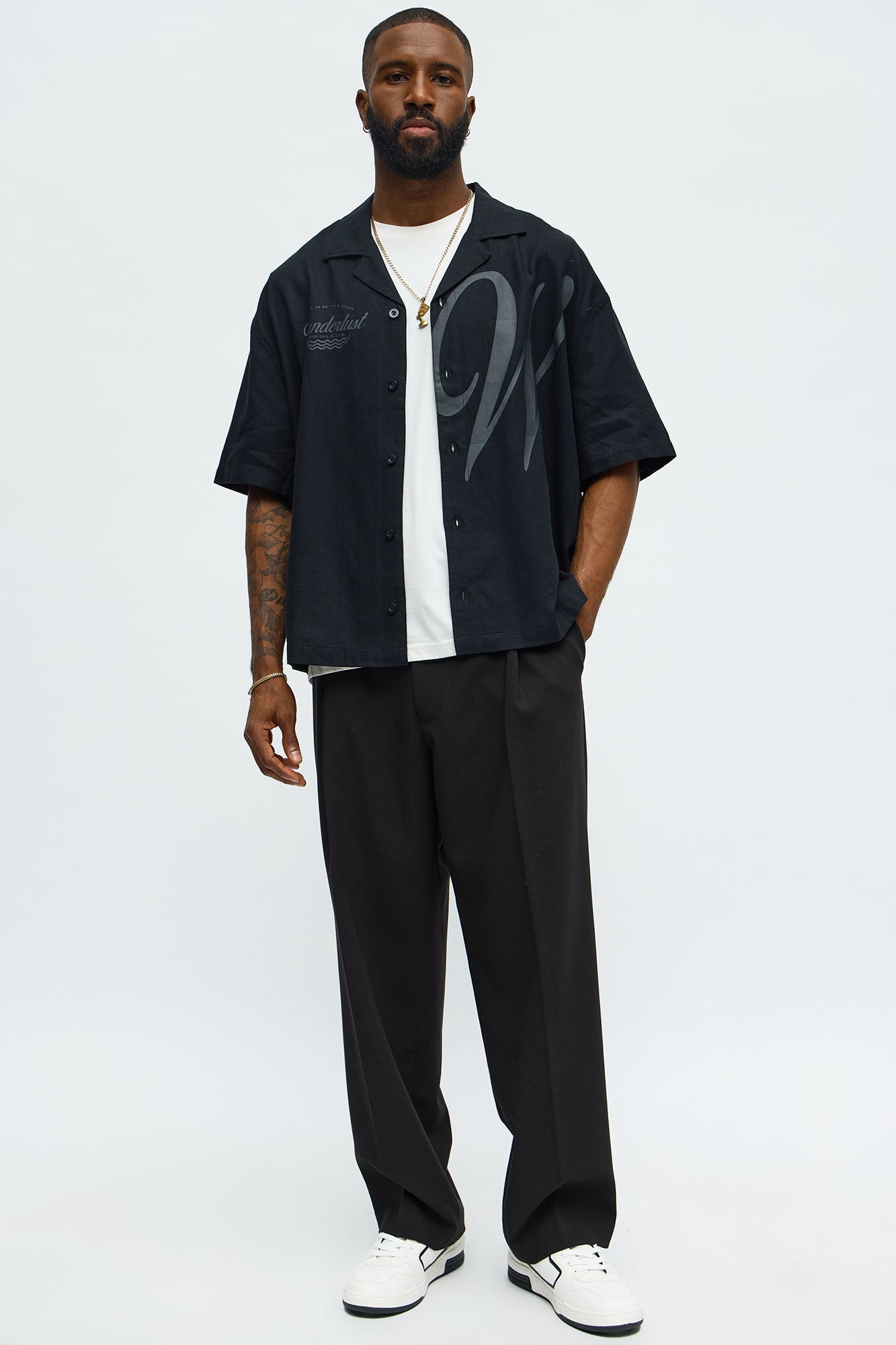 Boxy Wanderlust Cuban Collar Linen Shirt - Black
