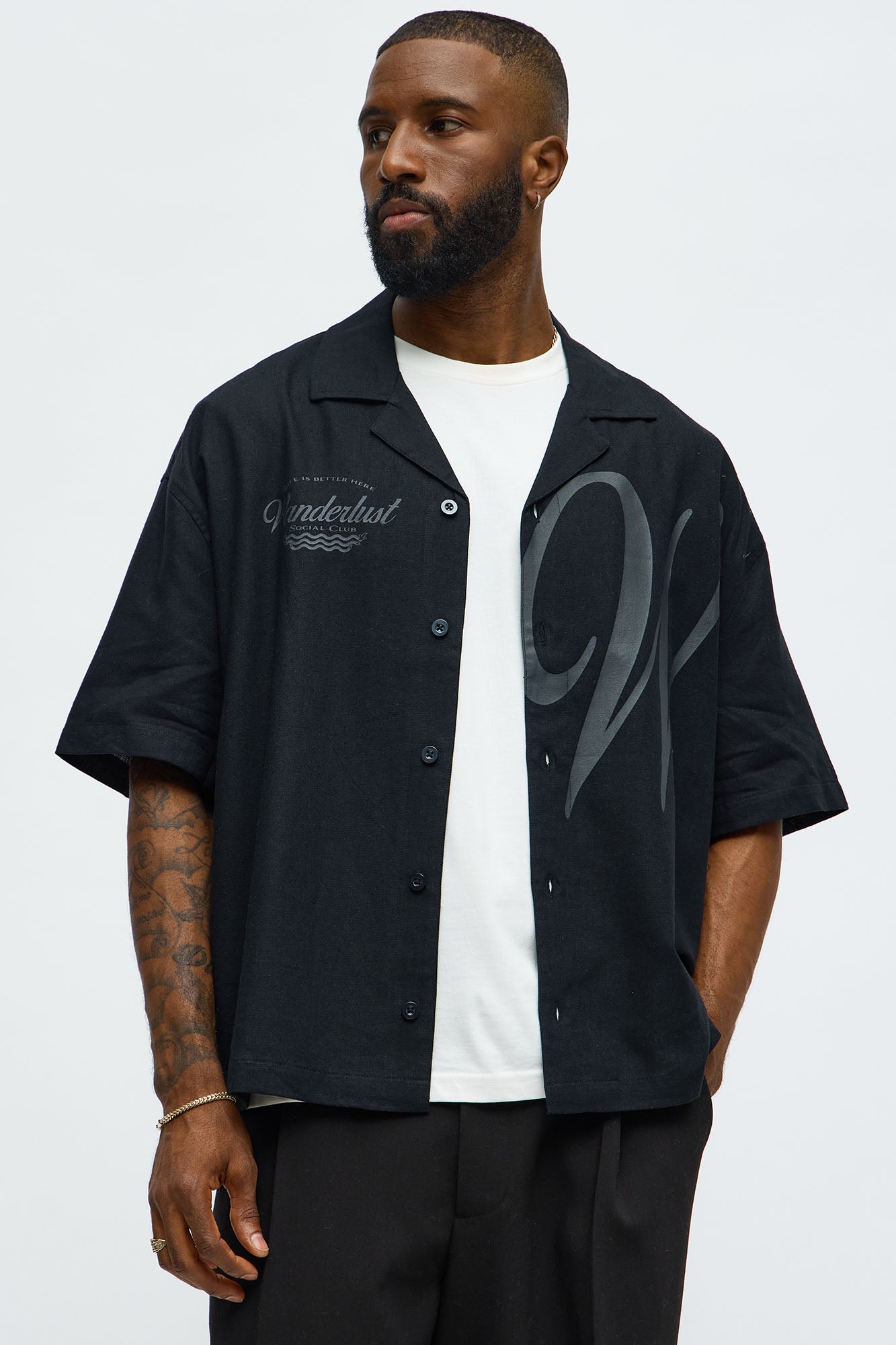 Boxy Wanderlust Cuban Collar Linen Shirt - Black
