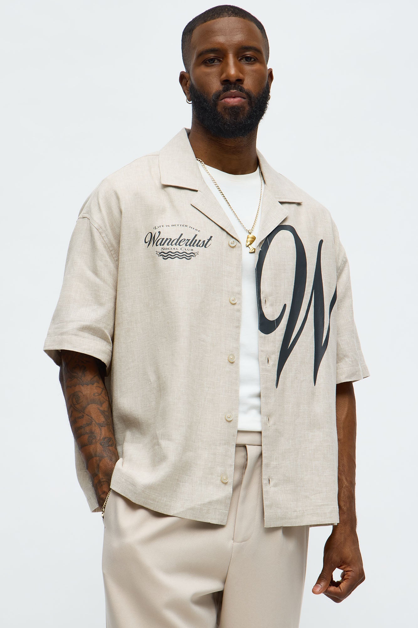 Boxy Wanderlust Cuban Collar Linen Shirt - Stone