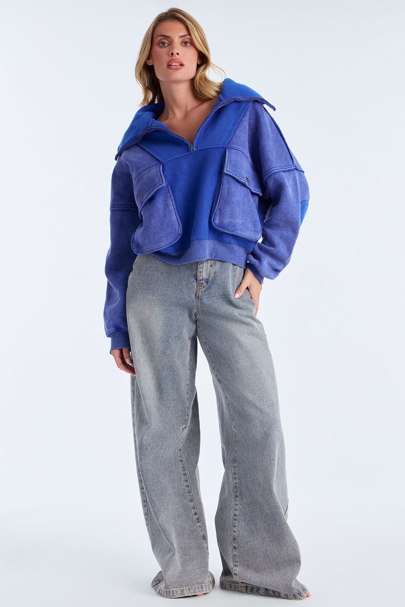 Big Mood Washed Sweater Quarter Zip Up - Blue