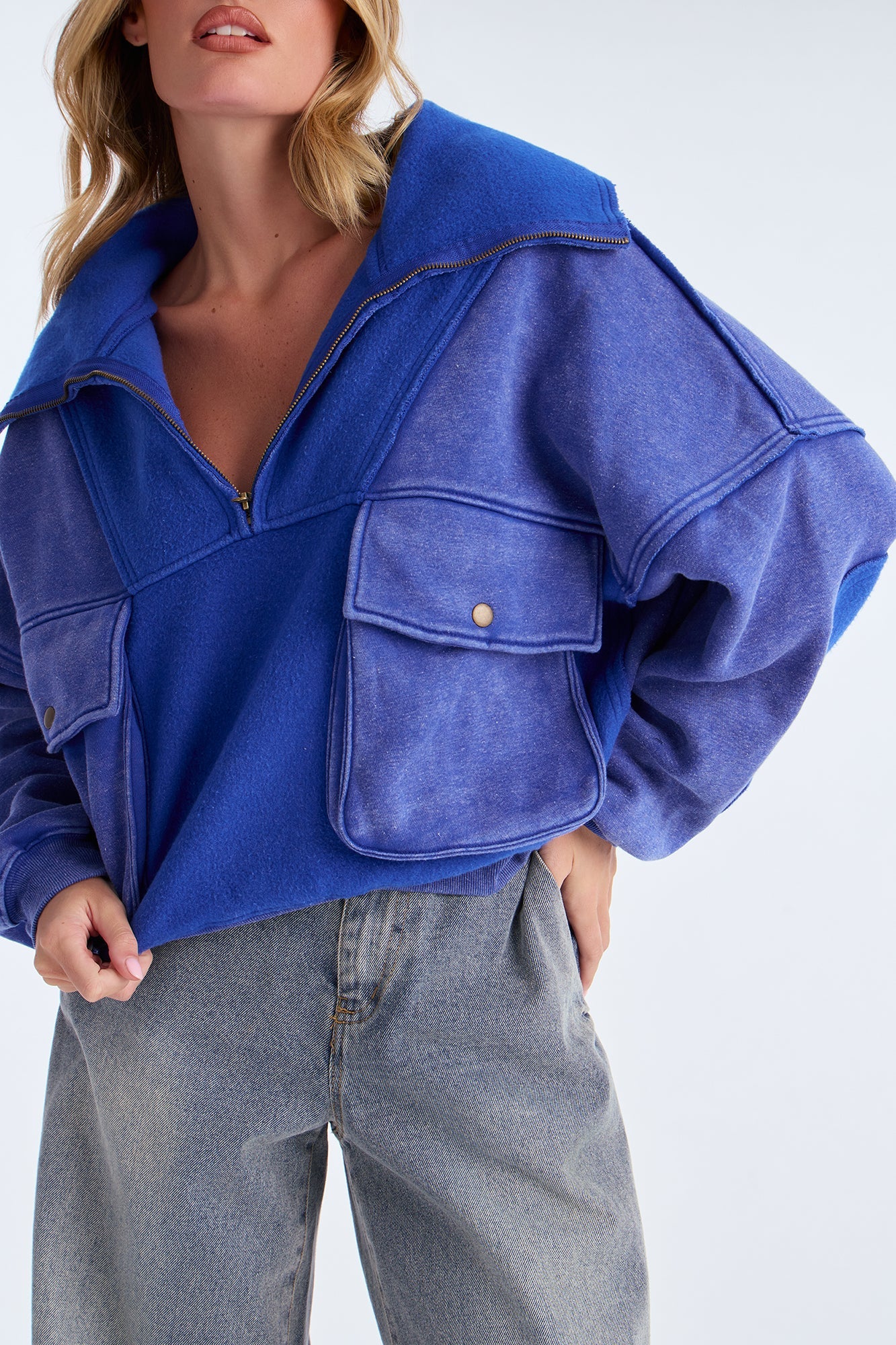 Big Mood Washed Sweater Quarter Zip Up - Blue