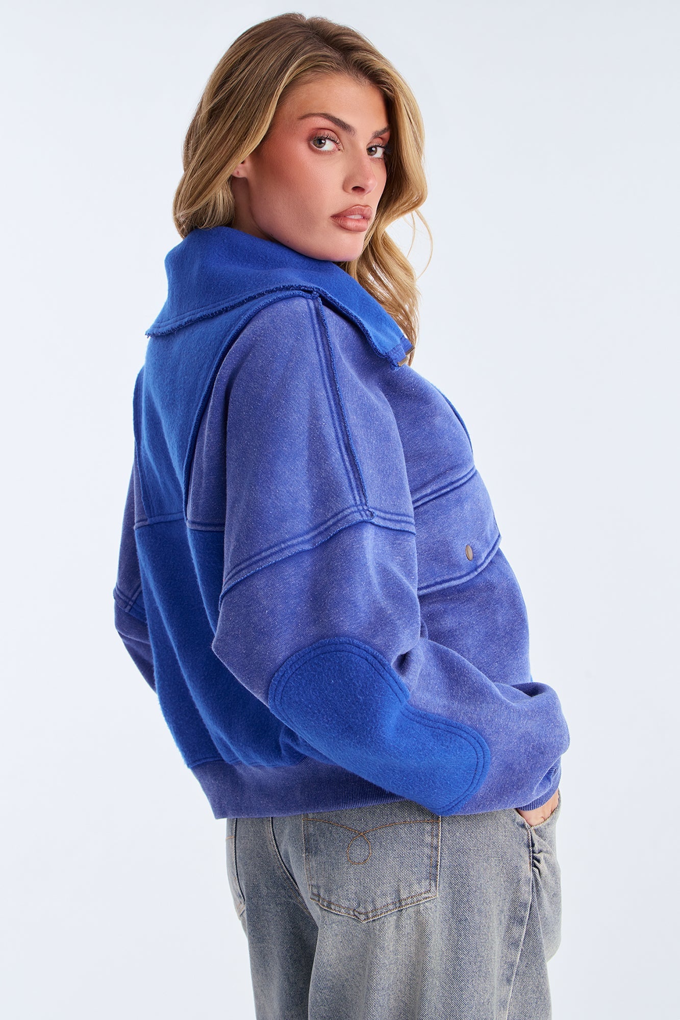 Big Mood Washed Sweater Quarter Zip Up - Blue
