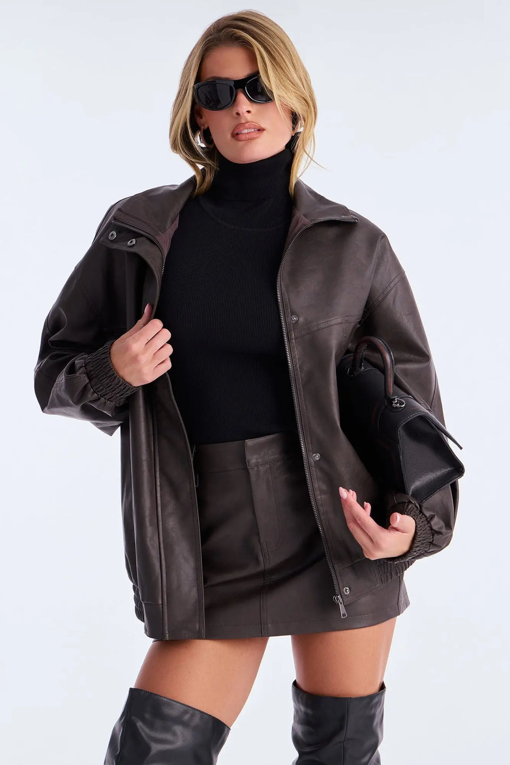 Callie Faux Leather Jacket Skirt Set - Chocolate 