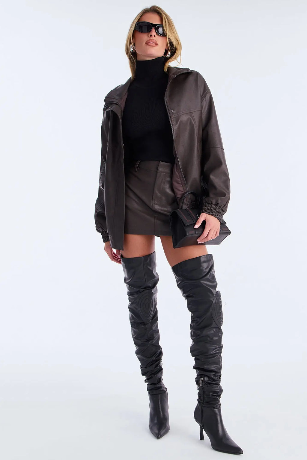 Callie Faux Leather Jacket Skirt Set - Chocolate 