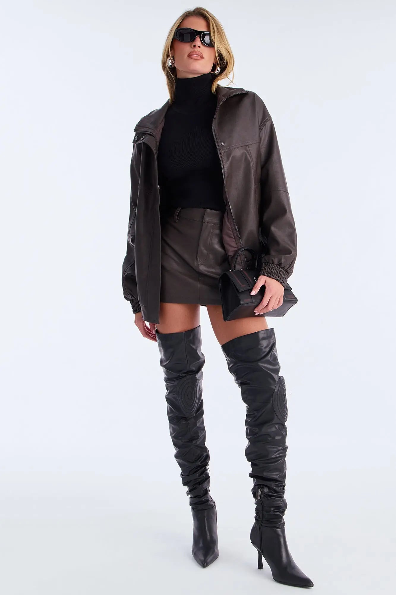 Callie Faux Leather Jacket Skirt Set - Chocolate 