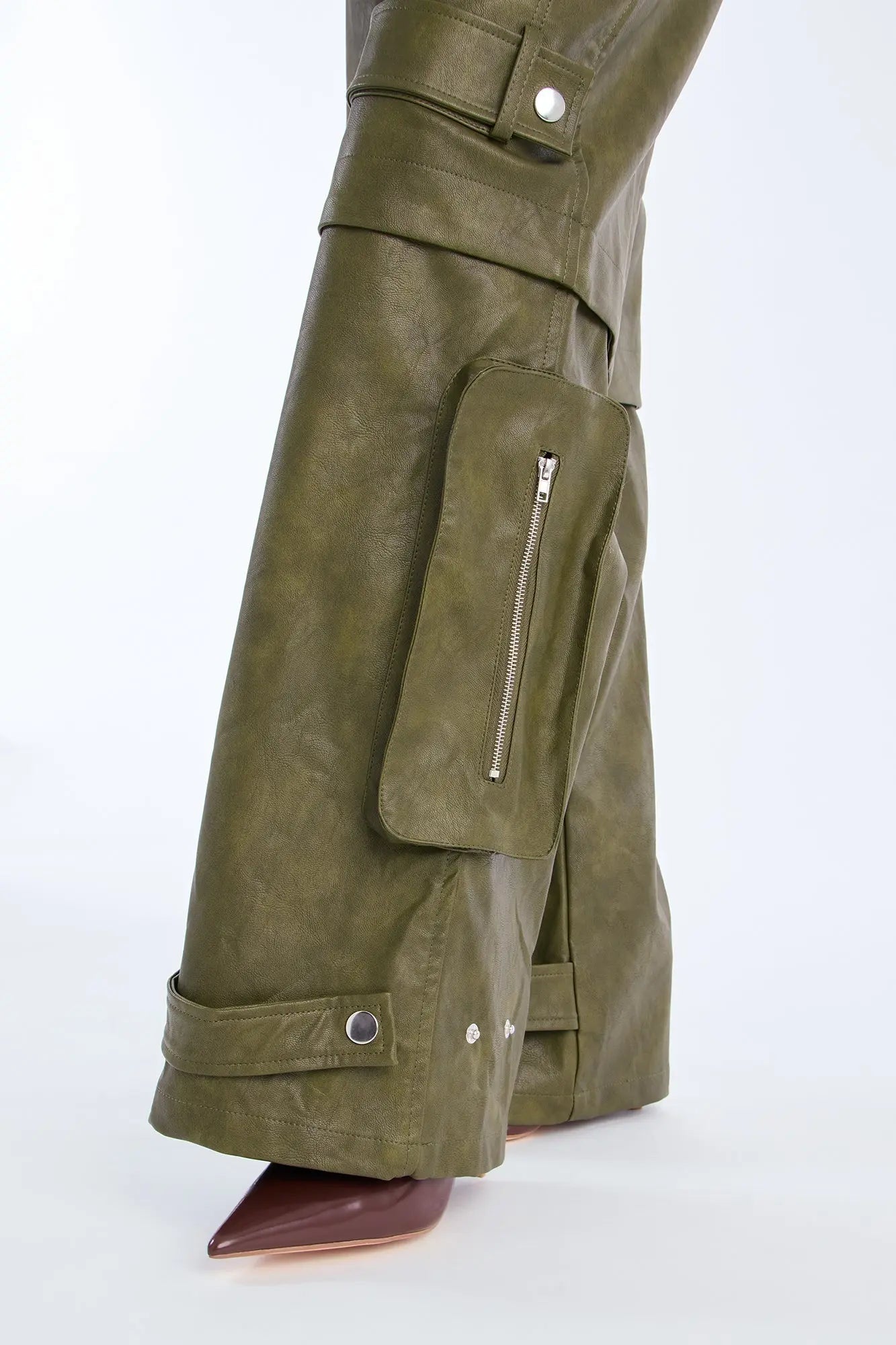 Street Heat Washed Faux Leather Cargo Pant - Military Green 