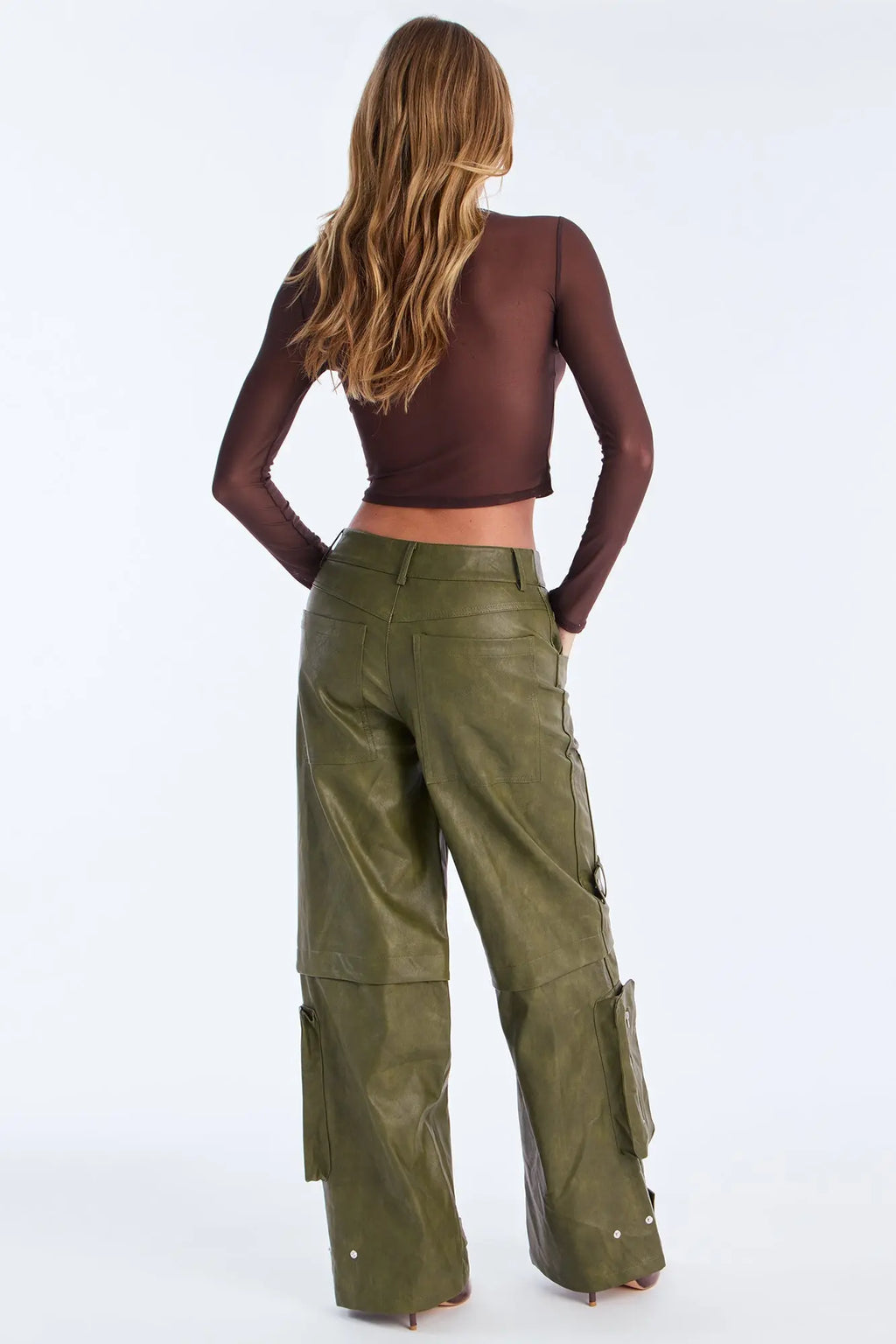 Street Heat Washed Faux Leather Cargo Pant - Military Green 