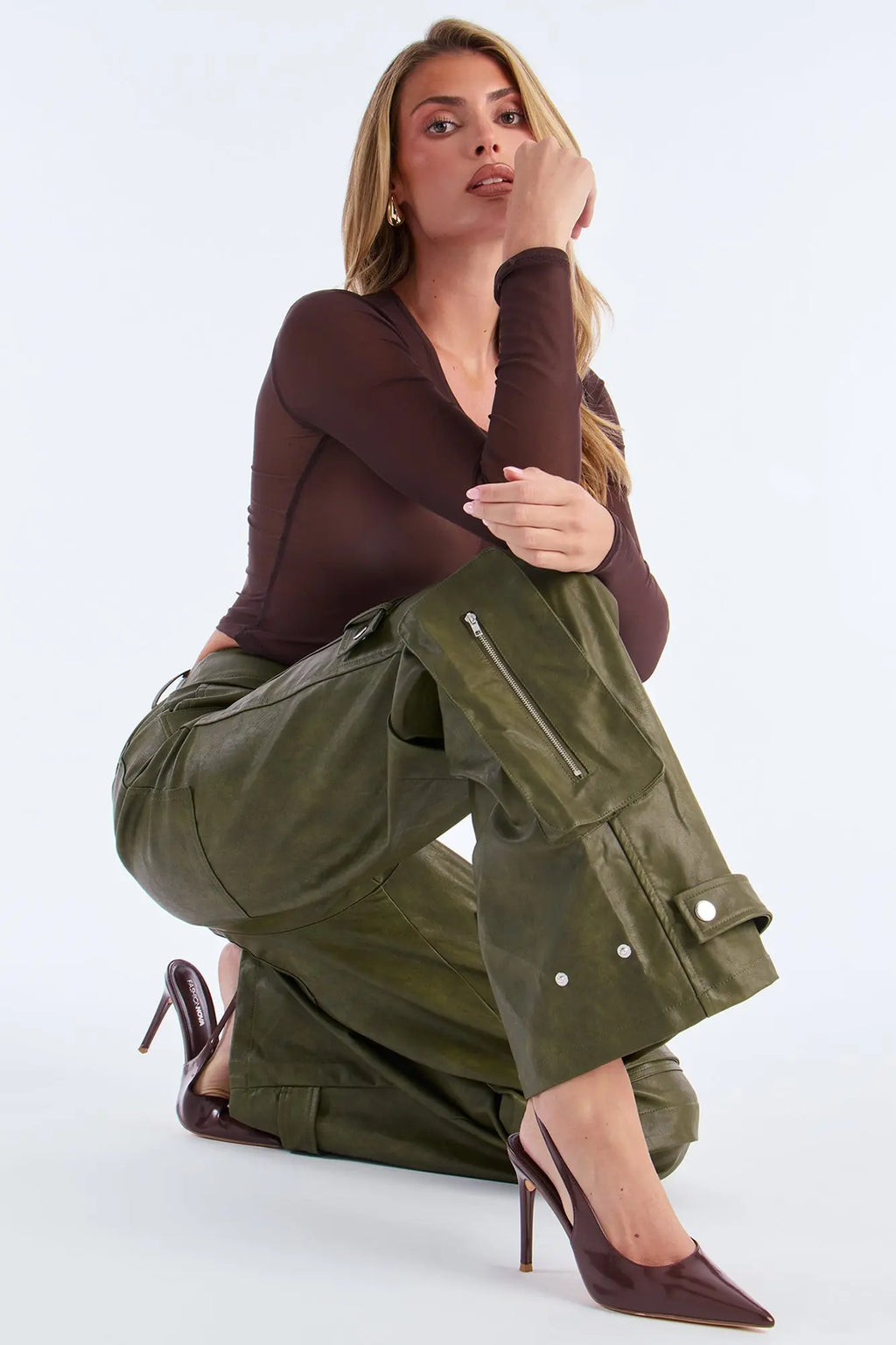Street Heat Washed Faux Leather Cargo Pant - Military Green 