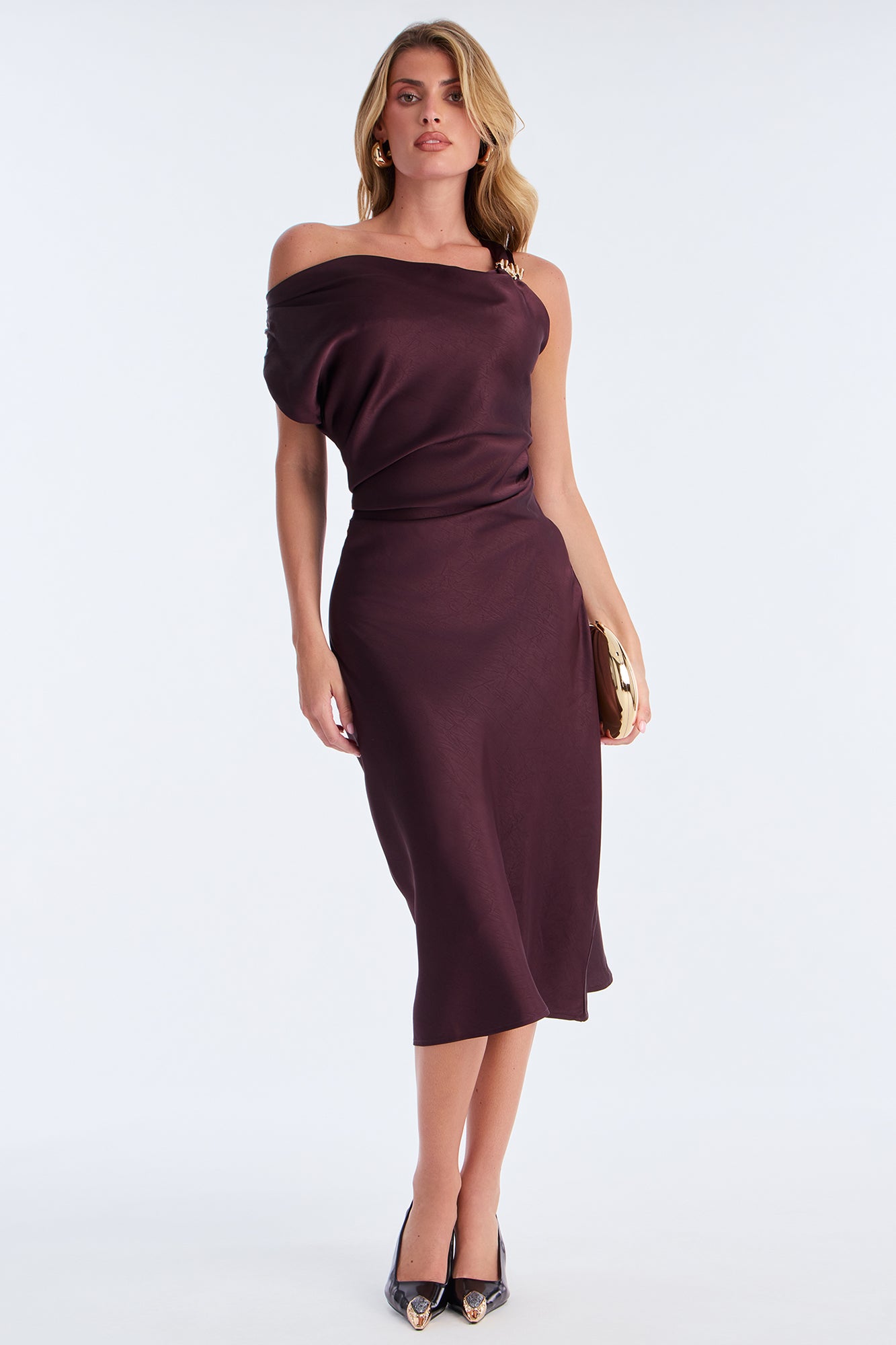 Olivia One Shoulder Satin Midi Dress - Brown