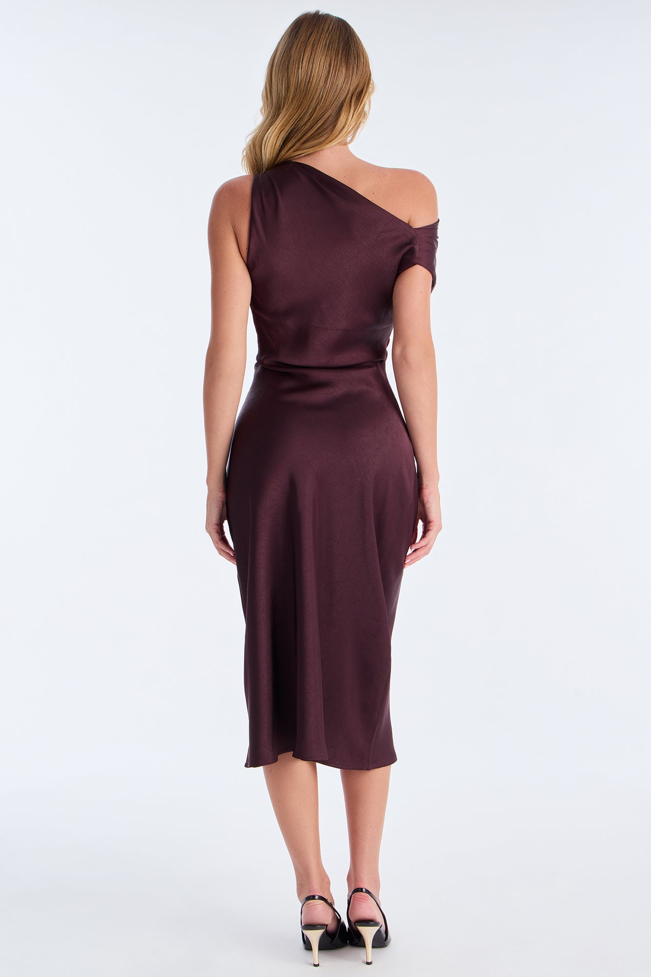 Olivia One Shoulder Satin Midi Dress - Brown