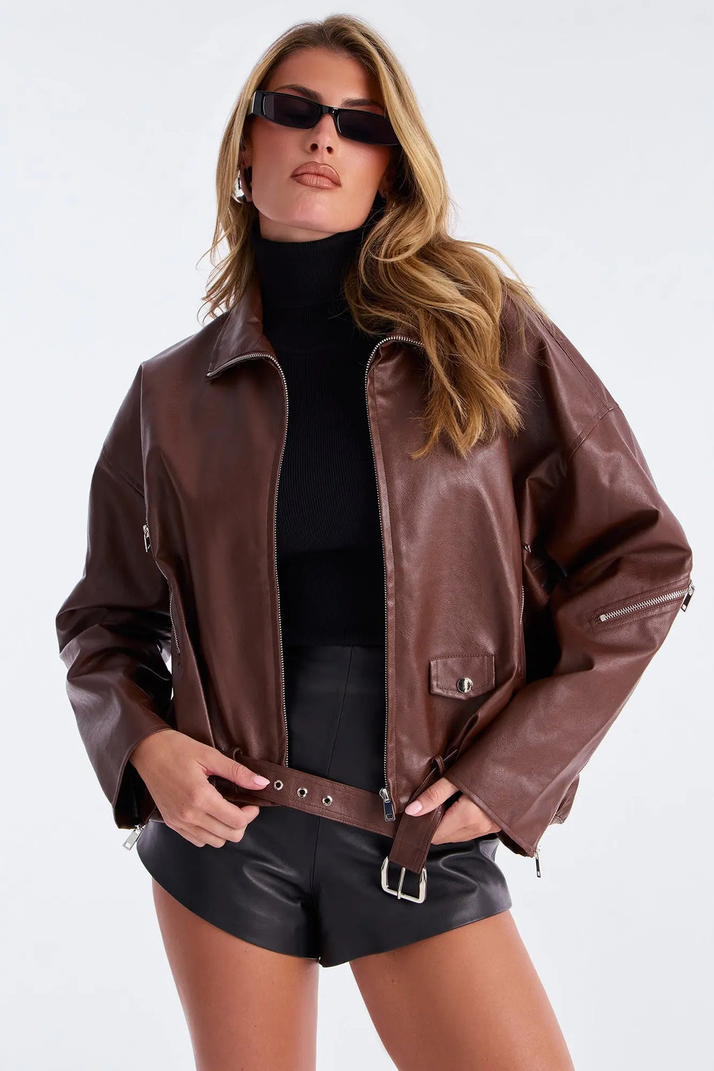 Skyline Belted Faux Leather Moto Jacket - Brown 