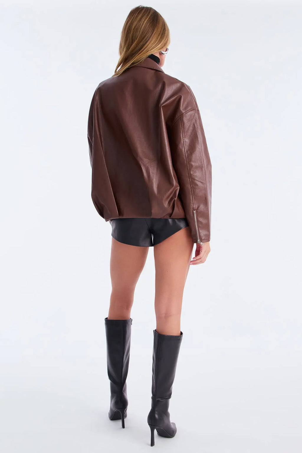 Skyline Belted Faux Leather Moto Jacket - Brown 