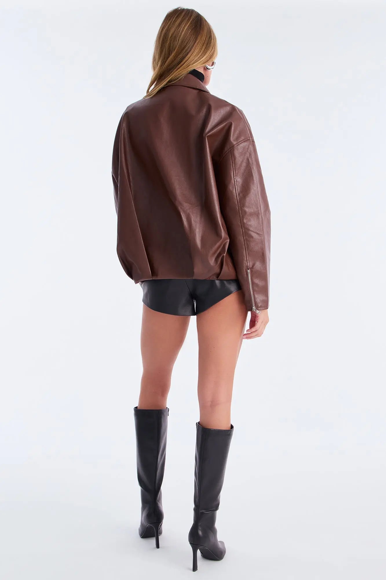 Skyline Belted Faux Leather Moto Jacket - Brown 
