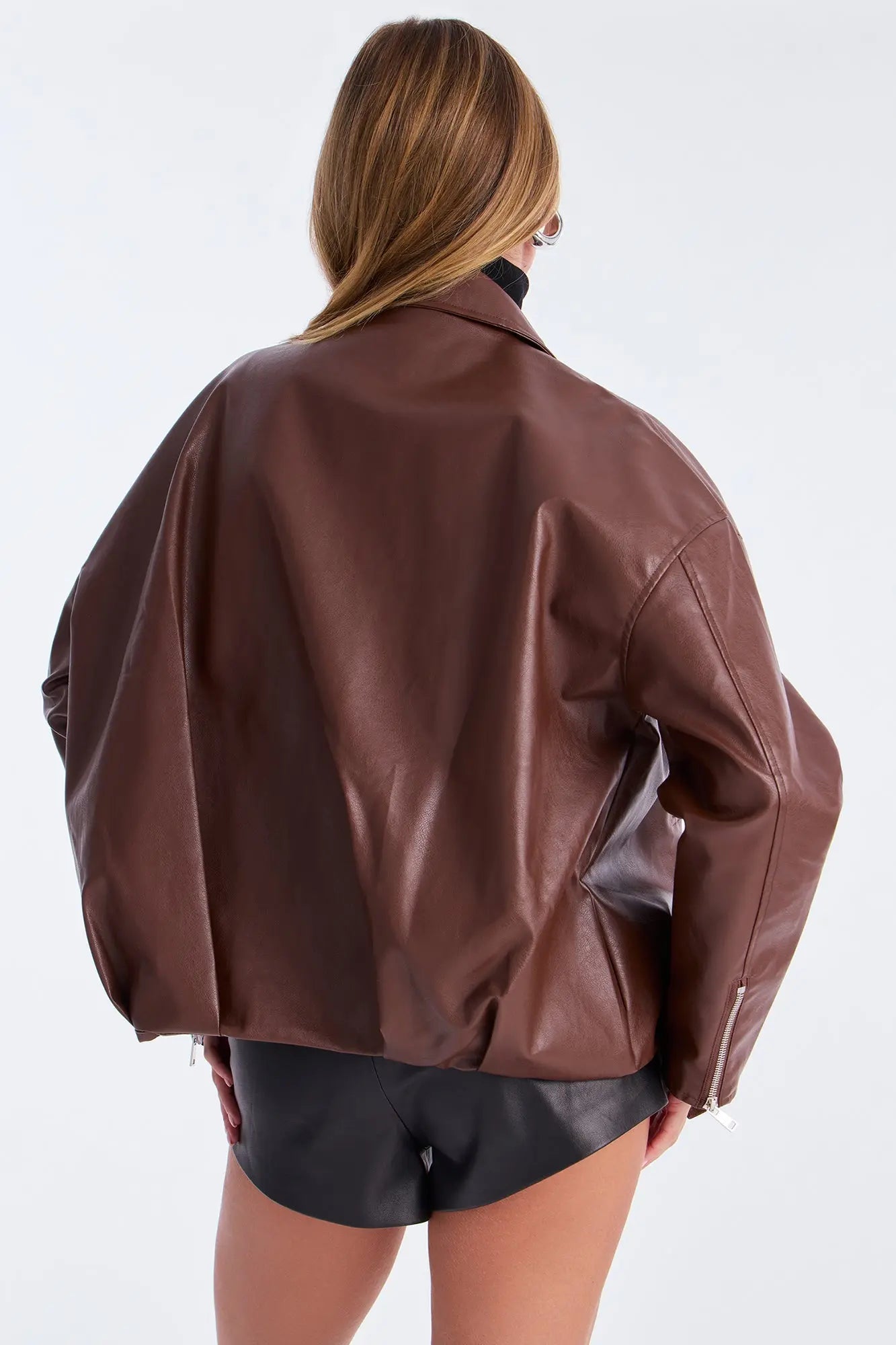 Skyline Belted Faux Leather Moto Jacket - Brown 