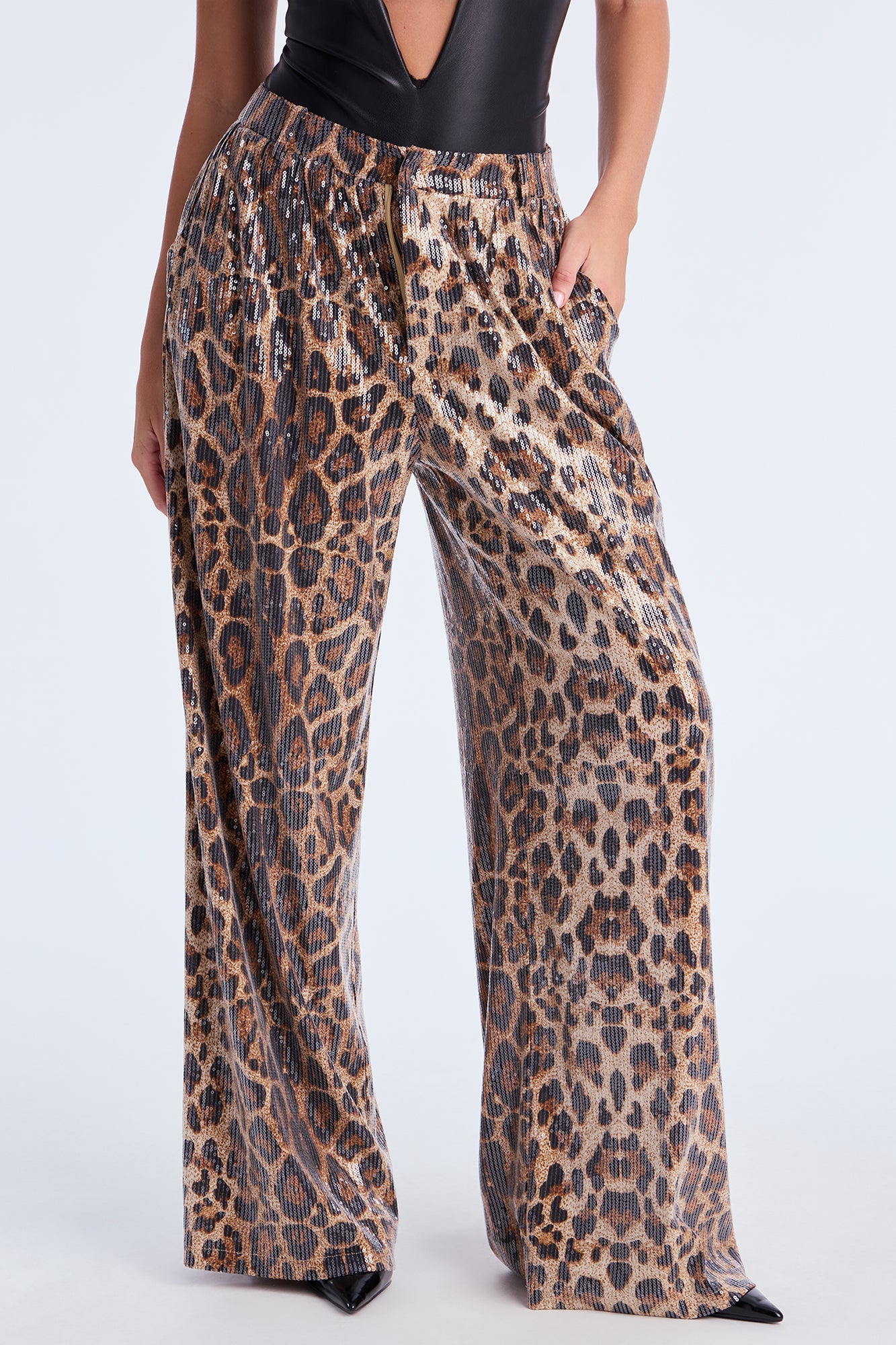 Watch Me Shine Sequin Wide Leg Pant 32″ - Leopard