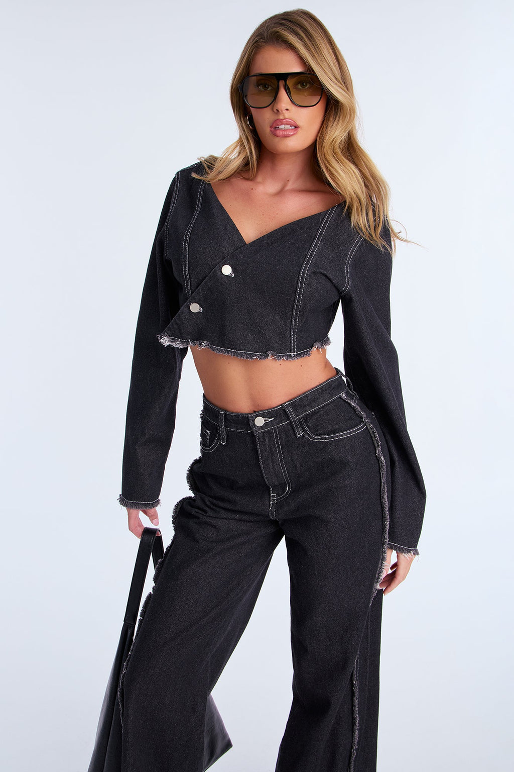 Daria Off Shoulder Denim Pant Set - Black 