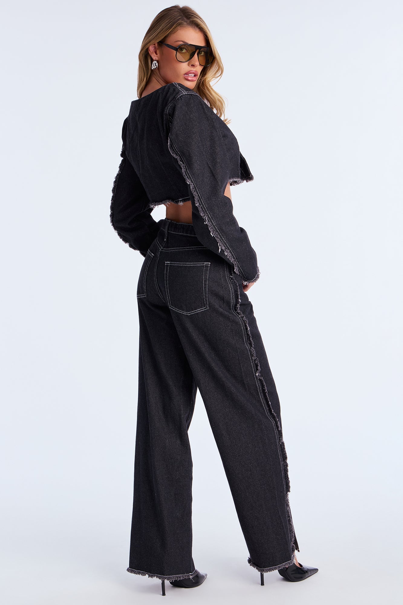 Daria Off Shoulder Denim Pant Set - Black 