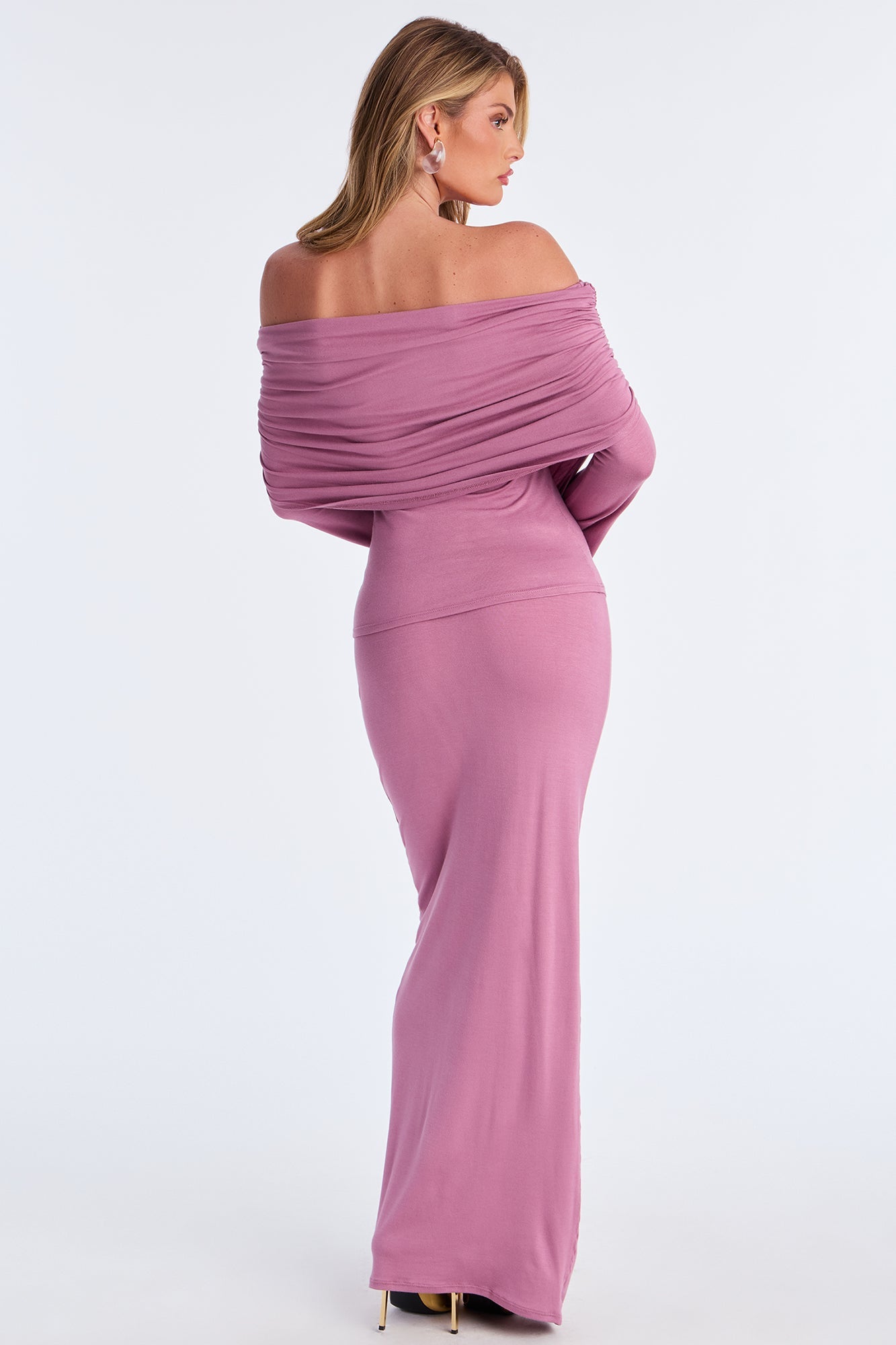 Draped In Love Off Shoulder Maxi Skirt Set - Mauve
