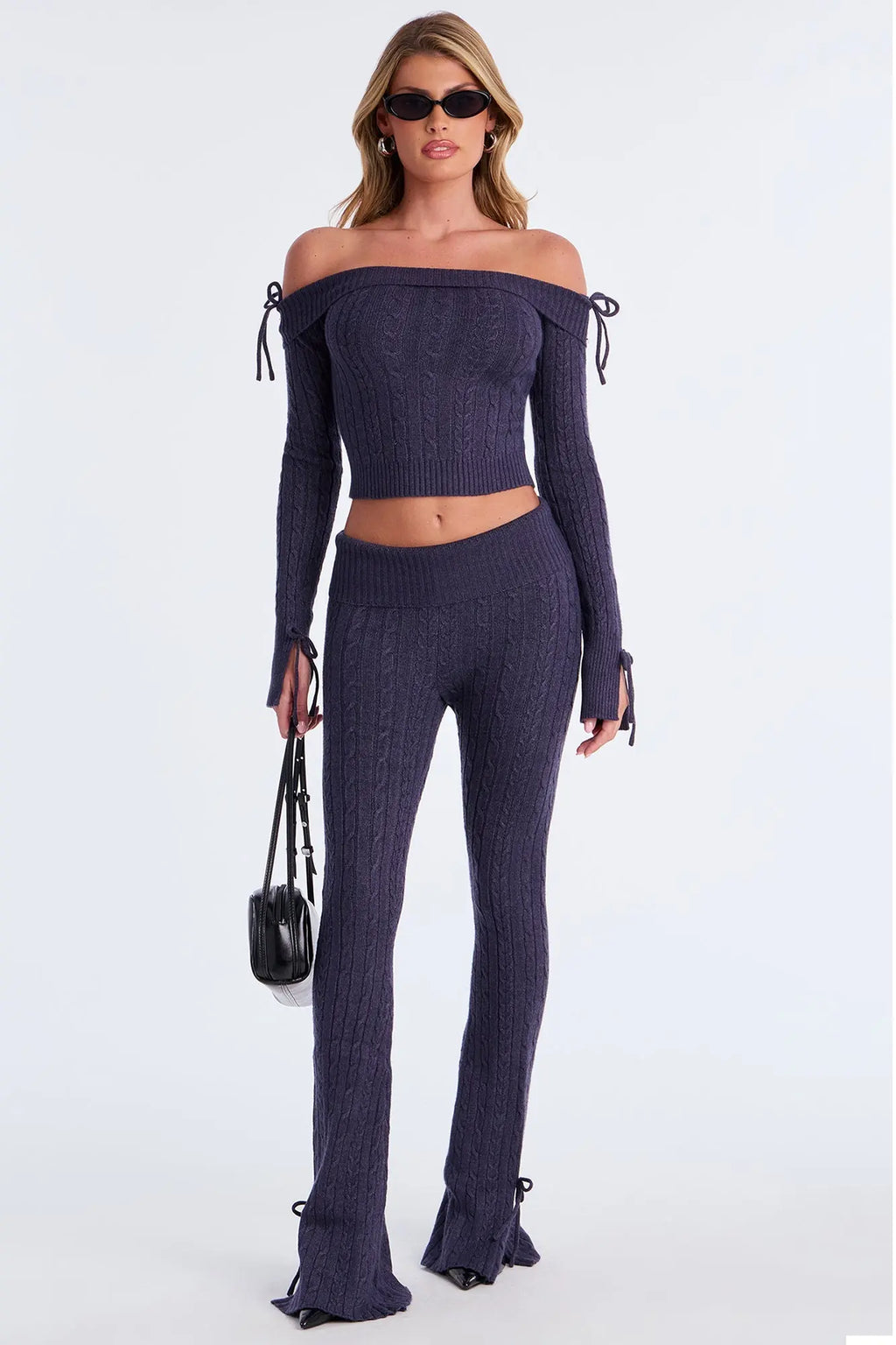 Rowyn Off Shoulder Sweater Flare Pant Set - Indigo 