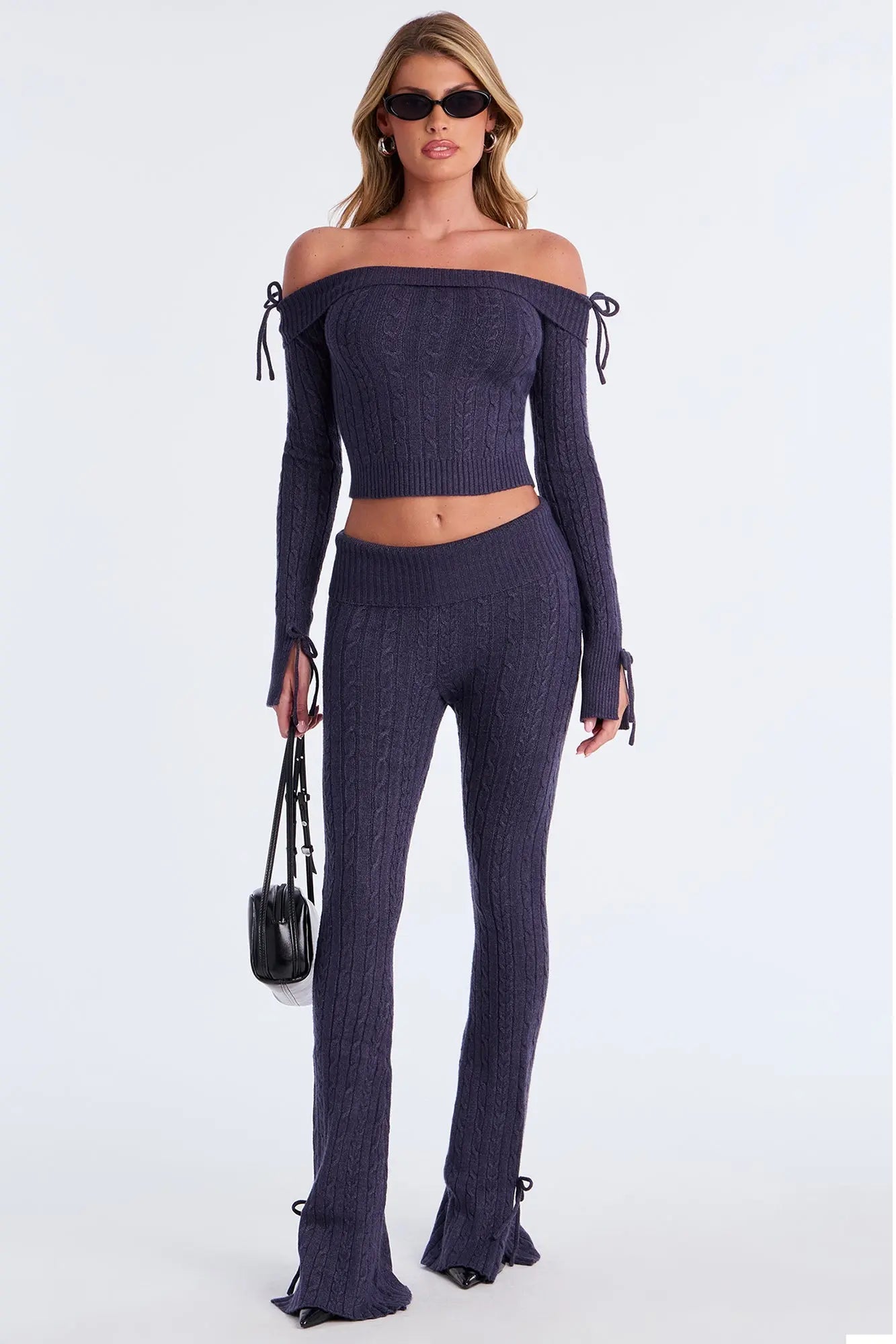 Rowyn Off Shoulder Sweater Flare Pant Set - Indigo 