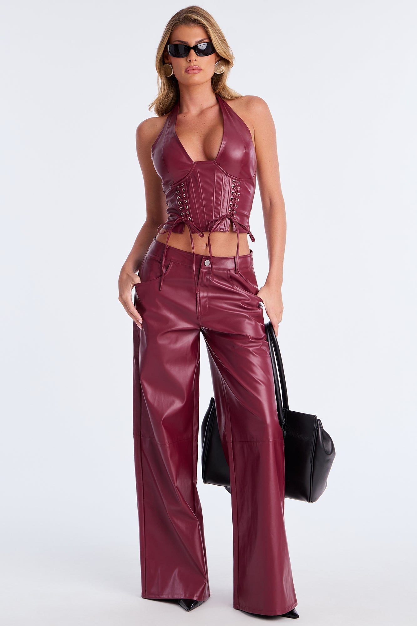 No Mercy Faux Leather Pant Set - Wine 