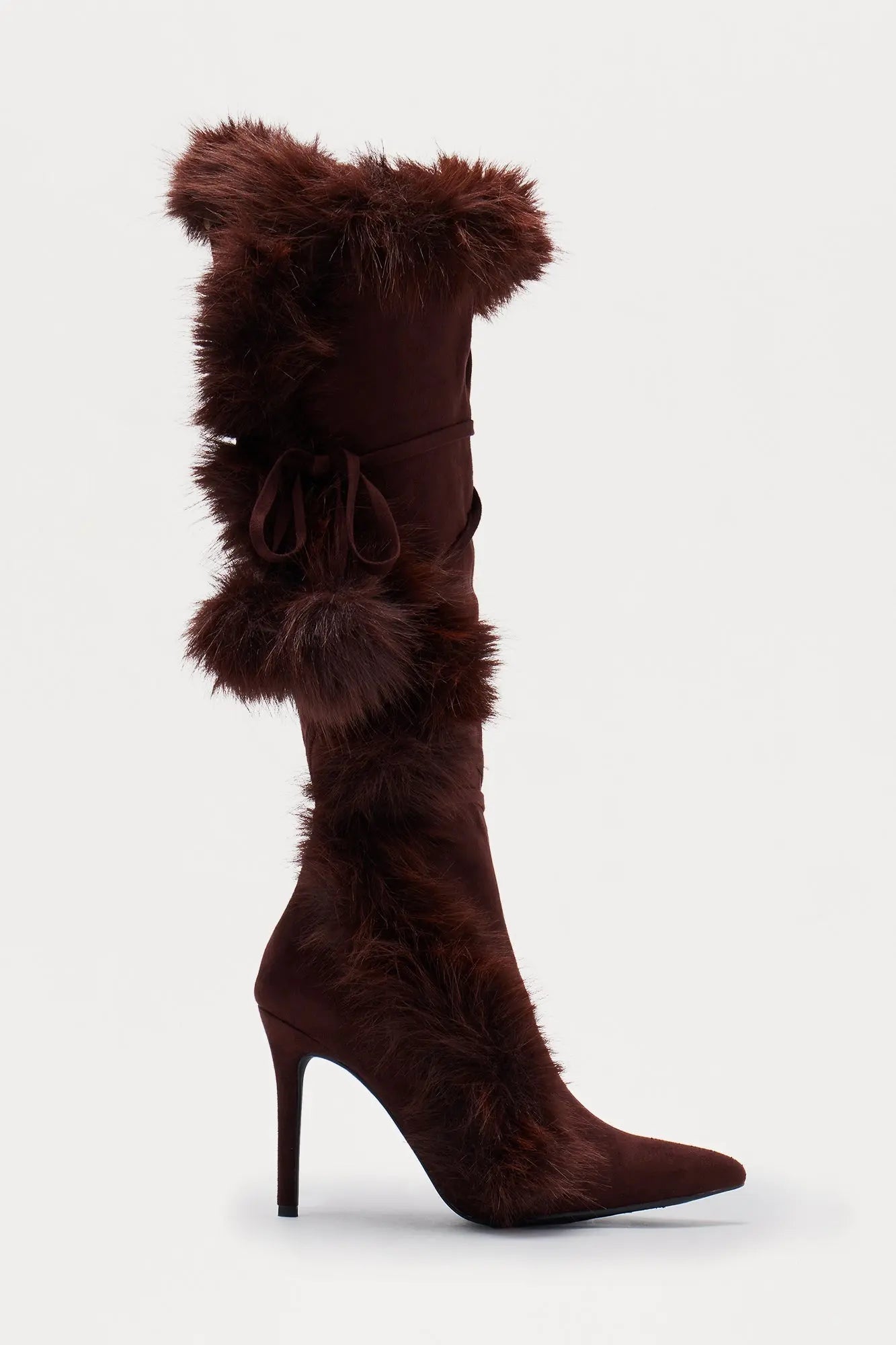Signature Fur Trim Knee High Boots - Brown 
