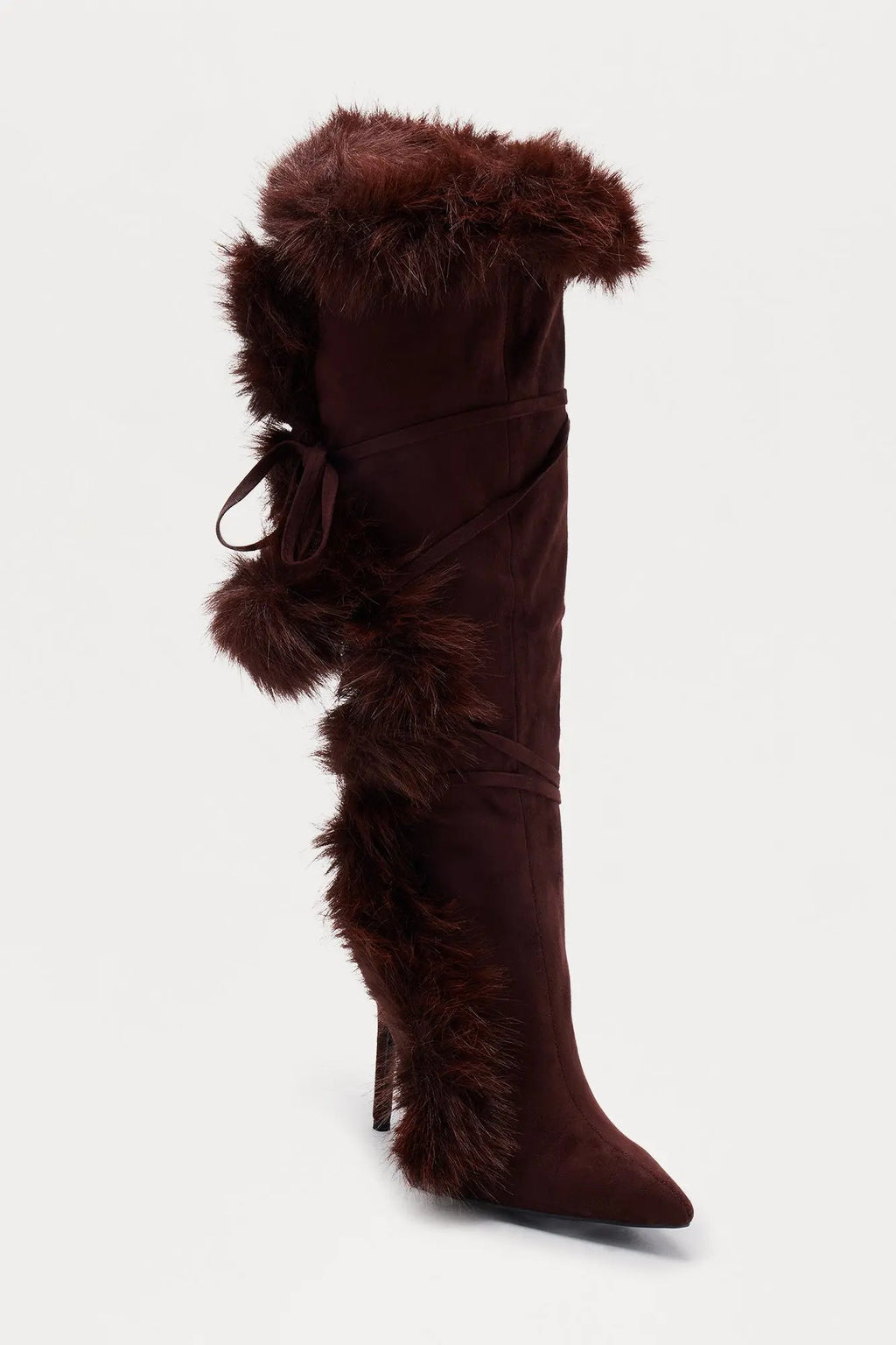 Signature Fur Trim Knee High Boots - Brown 