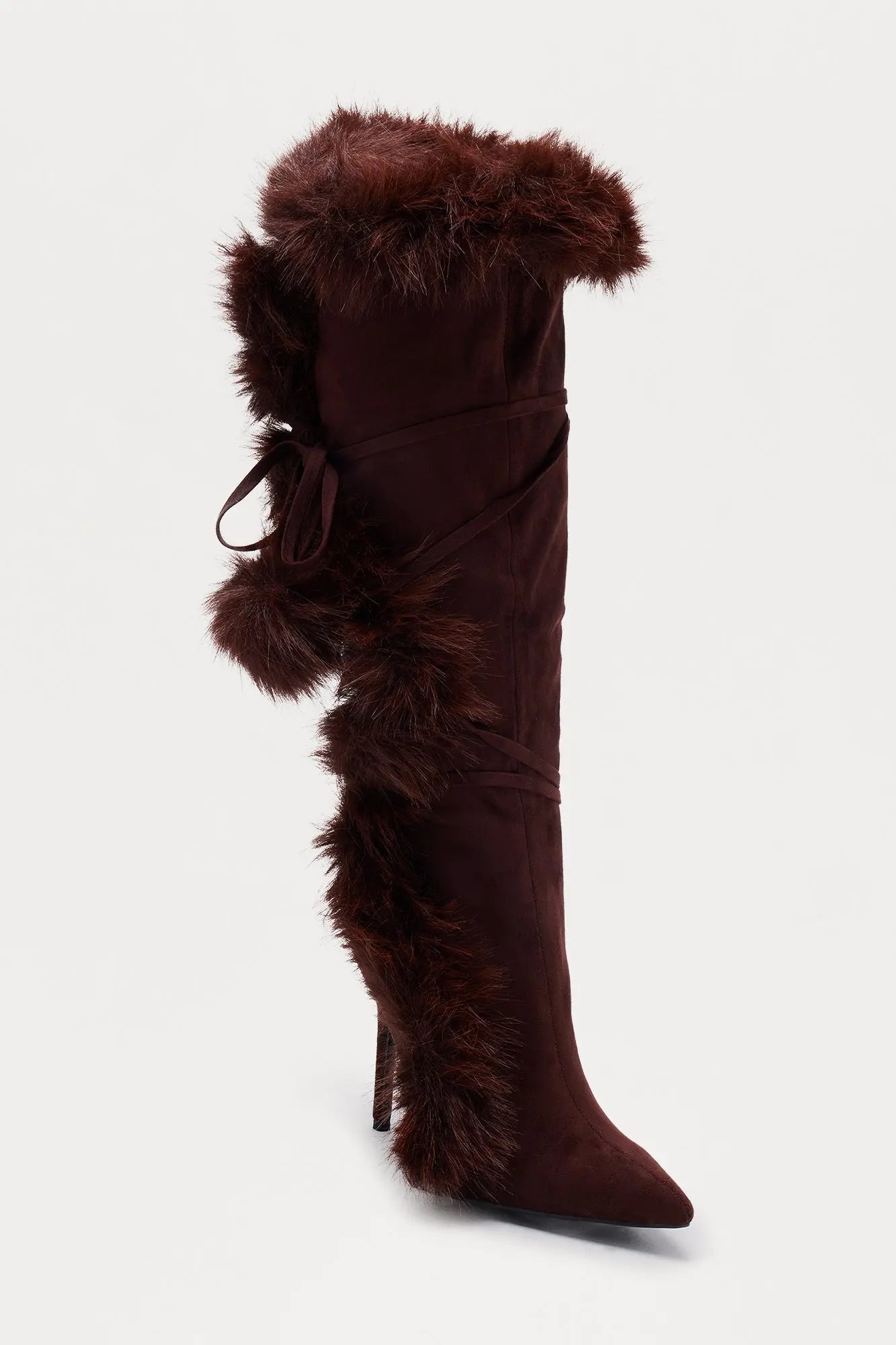 Signature Fur Trim Knee High Boots - Brown 