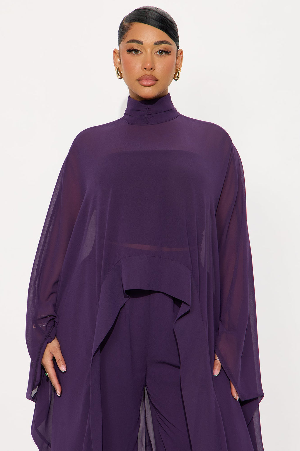 Sheer Moment Draped Pant Set - Eggplant 