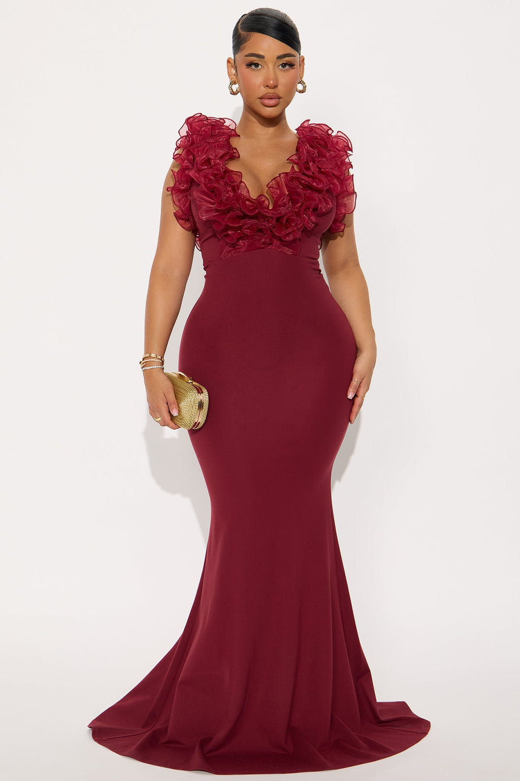 Like To Show Ruffle Maxi Gown - Burgundy
