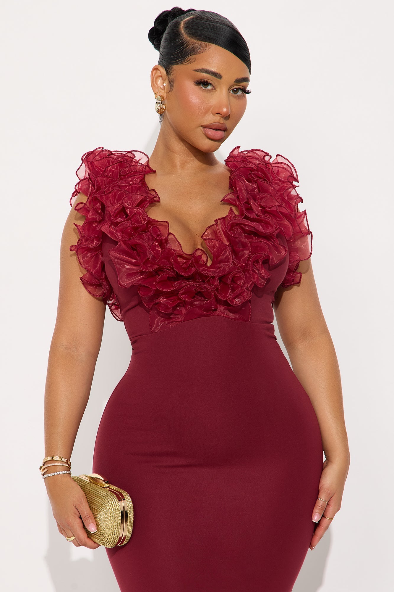 Like To Show Ruffle Maxi Gown - Burgundy