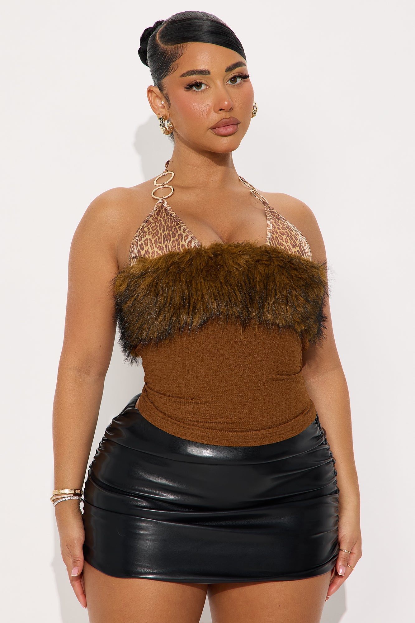 Haute Seduction Fur Trim Halter Top - Brown/combo