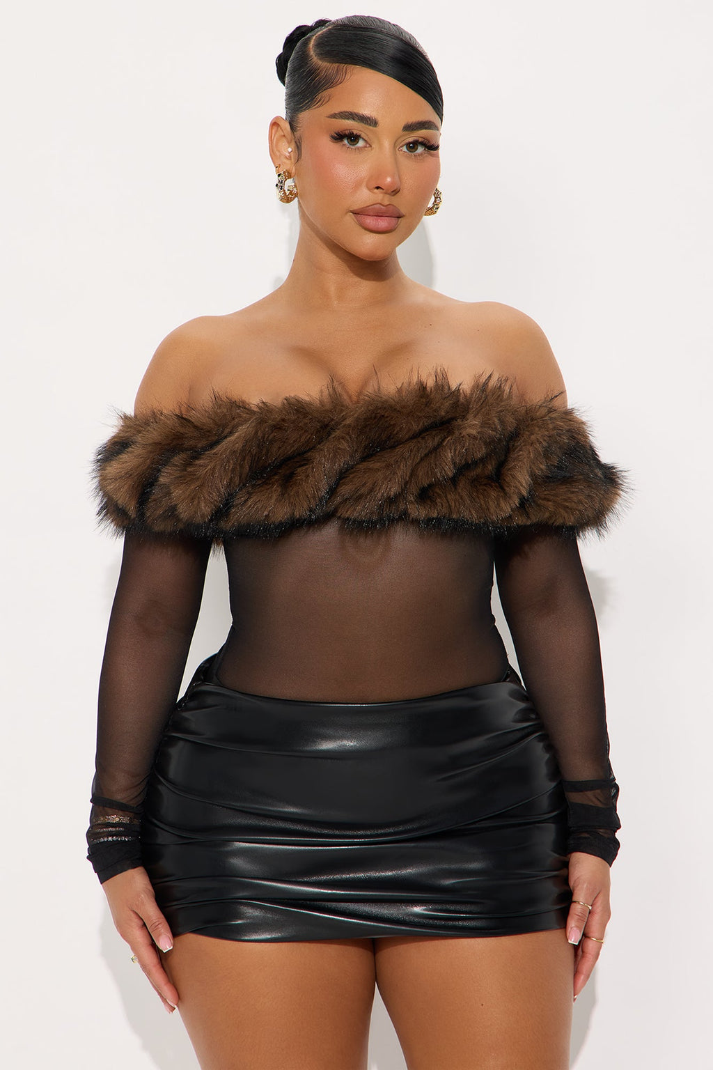 Milan Mesh Fur Trim Off Shoulder Bodysuit - Black/combo
