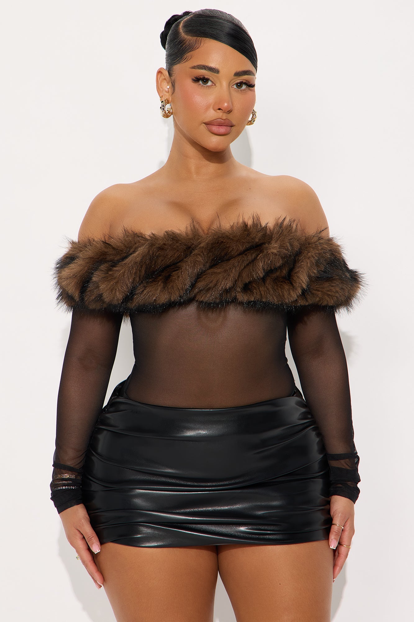 Milan Mesh Fur Trim Off Shoulder Bodysuit - Black/combo
