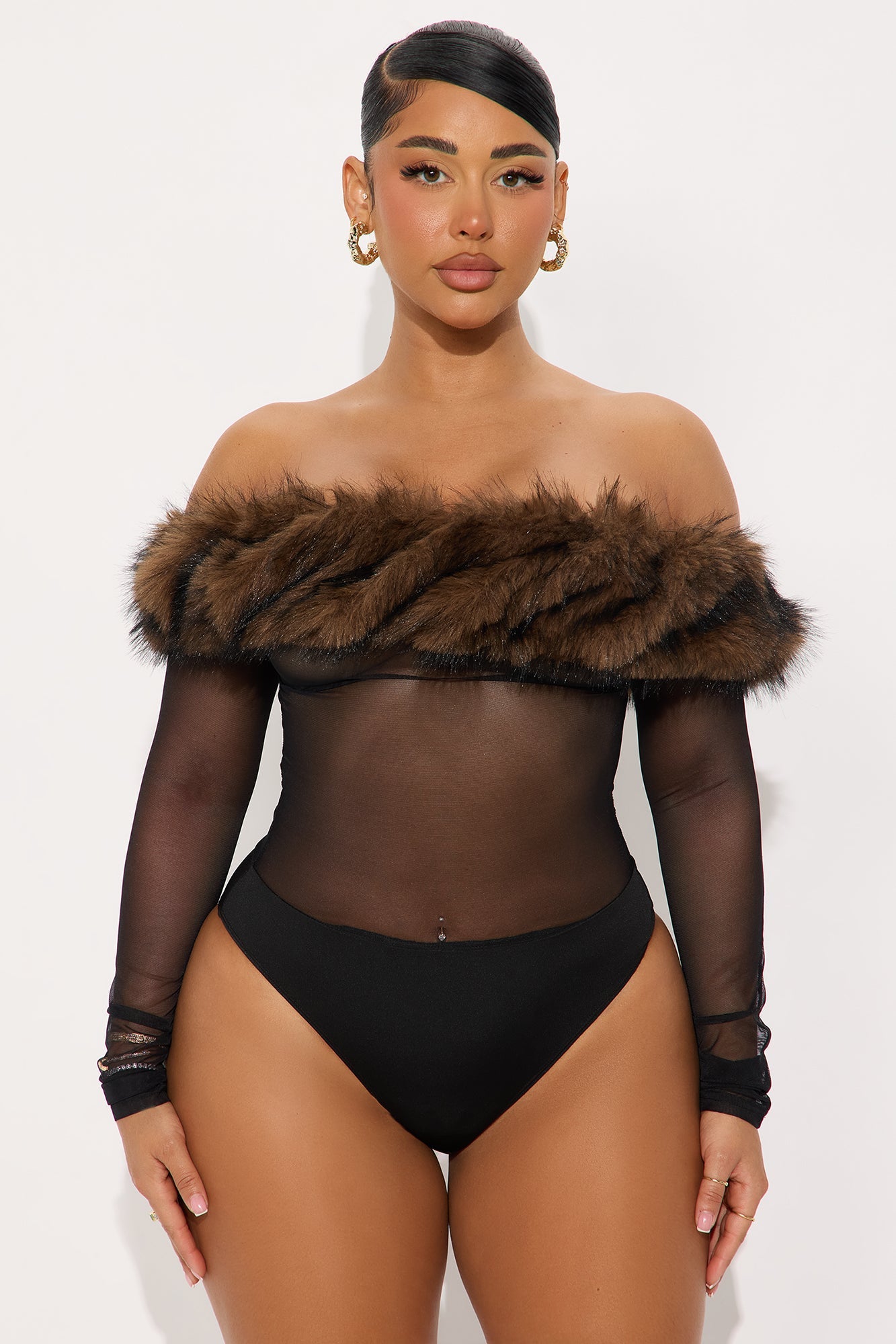 Milan Mesh Fur Trim Off Shoulder Bodysuit - Black/combo