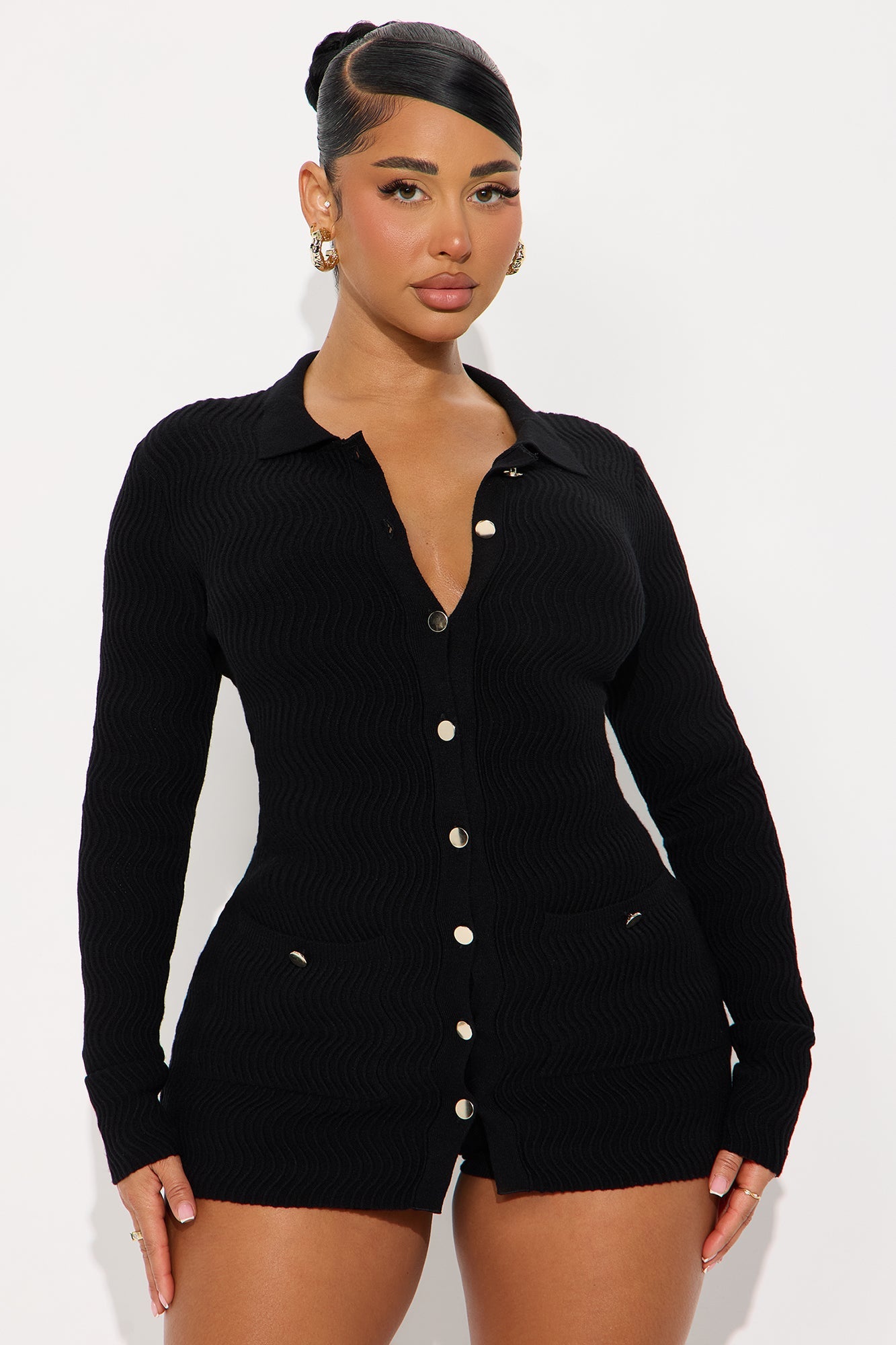 So Sweet Textured Cardigan Short Set - Black