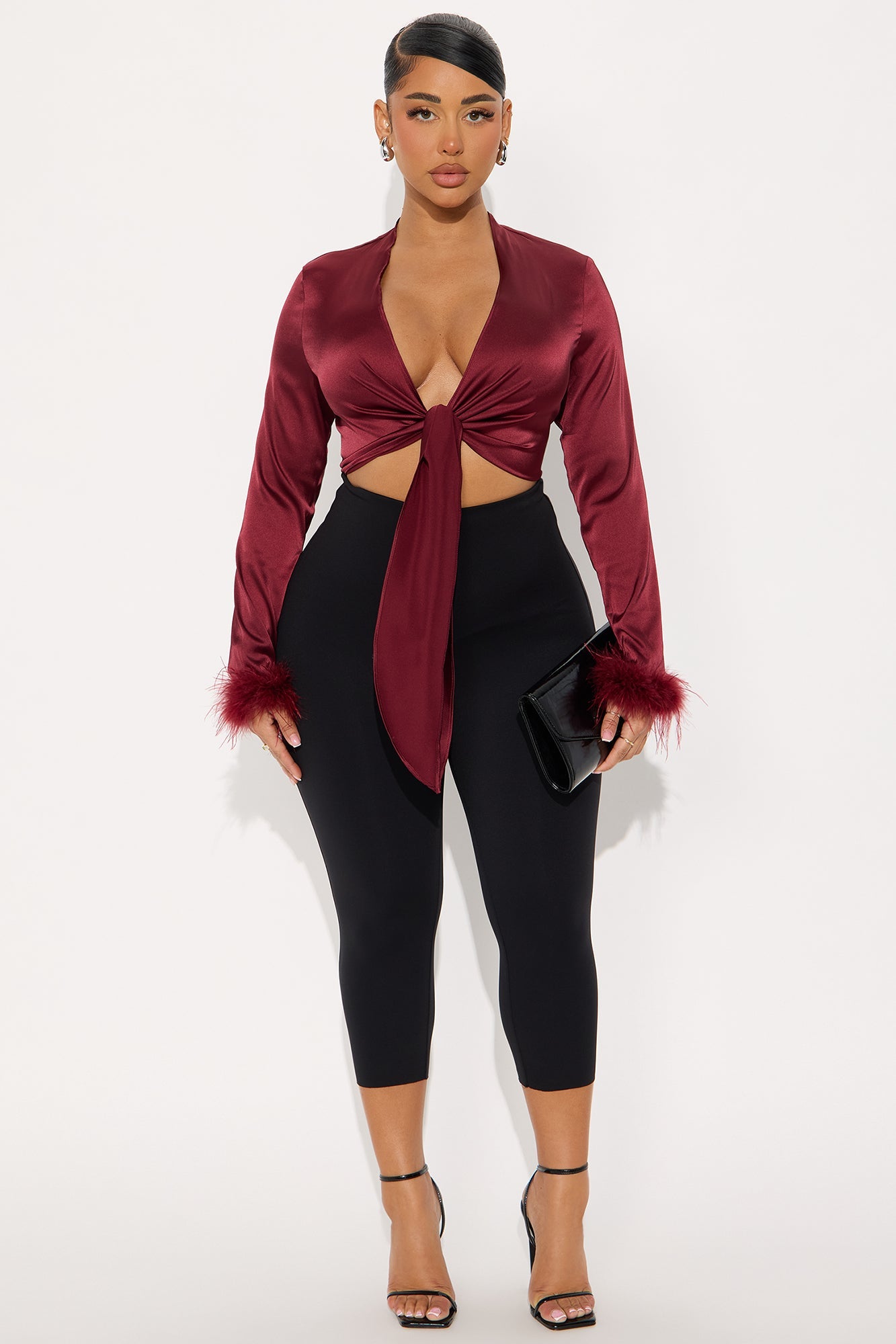 Knot Your Babe Feather Satin Blouse - Wine