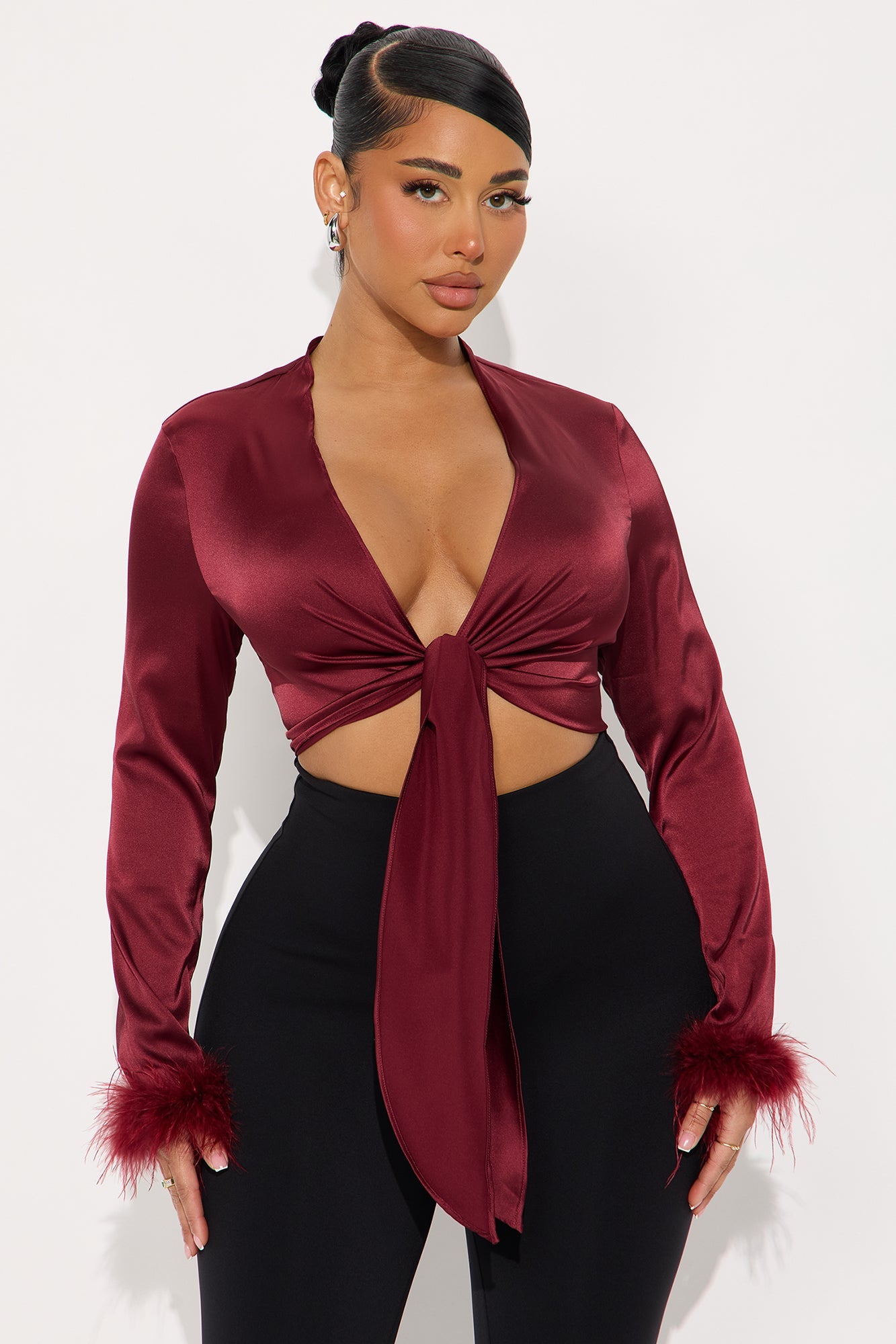 Knot Your Babe Feather Satin Blouse - Wine