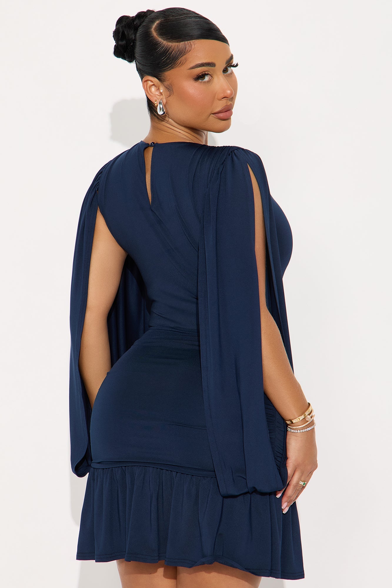 Glossy Smile Ruched Mini Dress - Navy